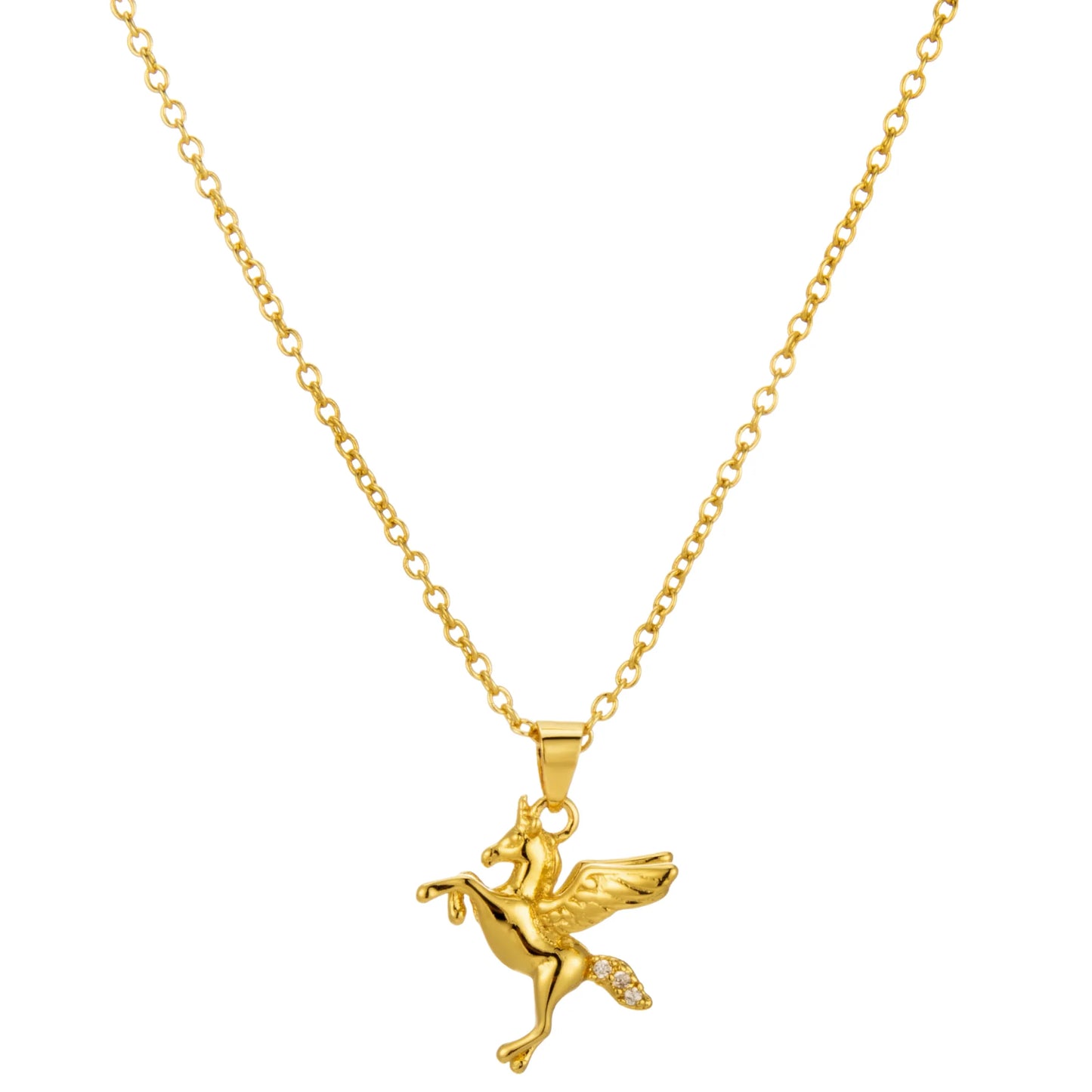 Ajatine gold pegasus pendant necklace made of brass and zircon, dainty mythical winged horse jewelry for women