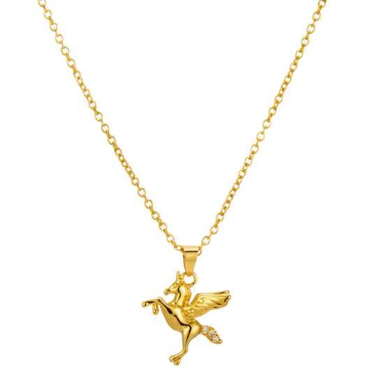 Ajatine gold pegasus pendant necklace made of brass and zircon, dainty mythical winged horse jewelry for women