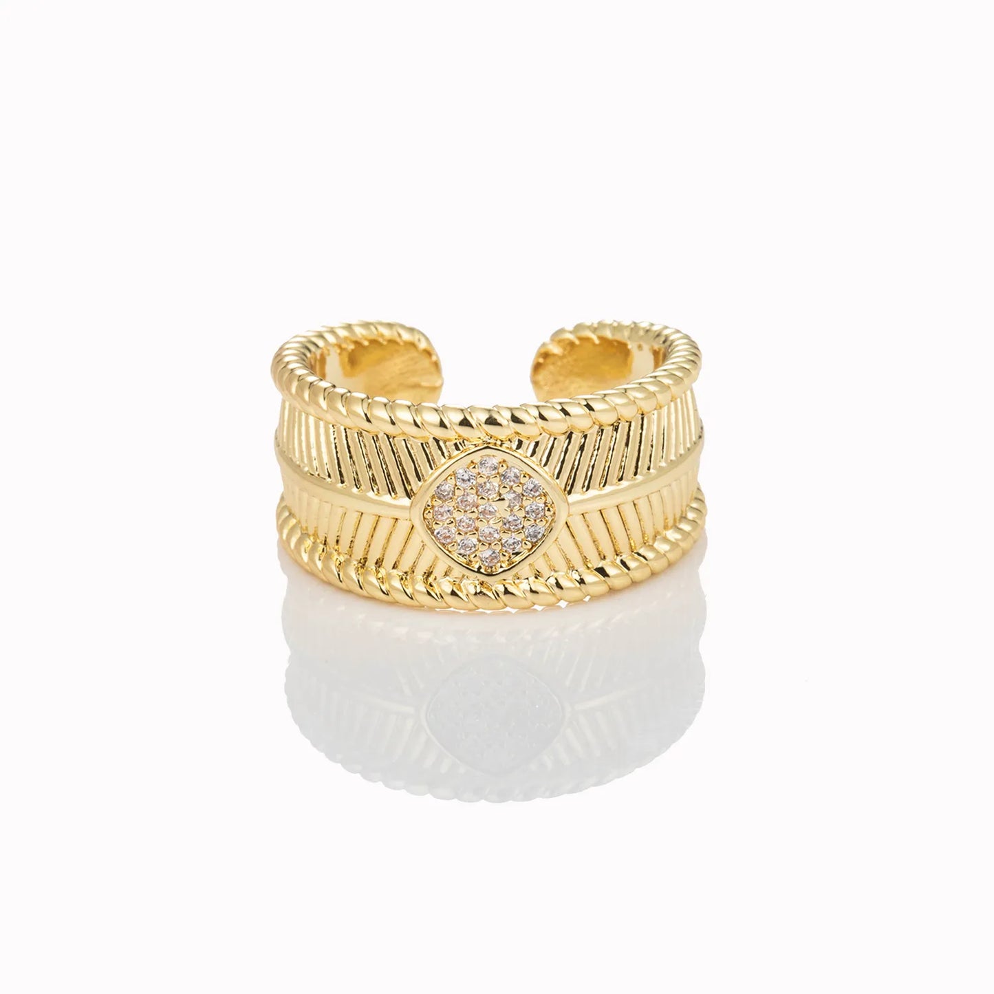 Ajatine gold open ring with quadrilateral zircon vintage statement jewelry.