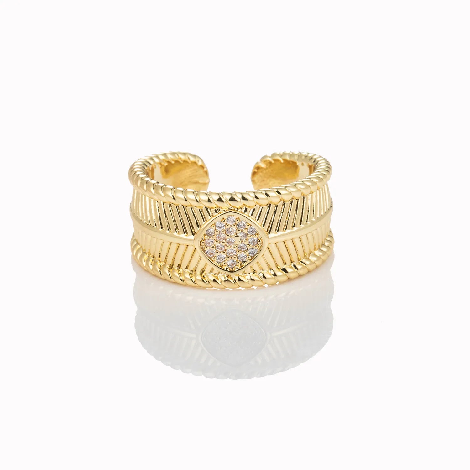 Ajatine gold open ring with quadrilateral zircon vintage statement jewelry.