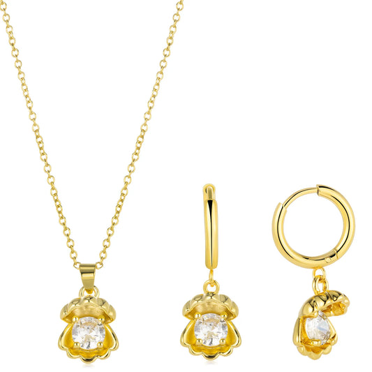 Complete dainty shell jewelry set: necklace and earrings with shell design and sparkling detail