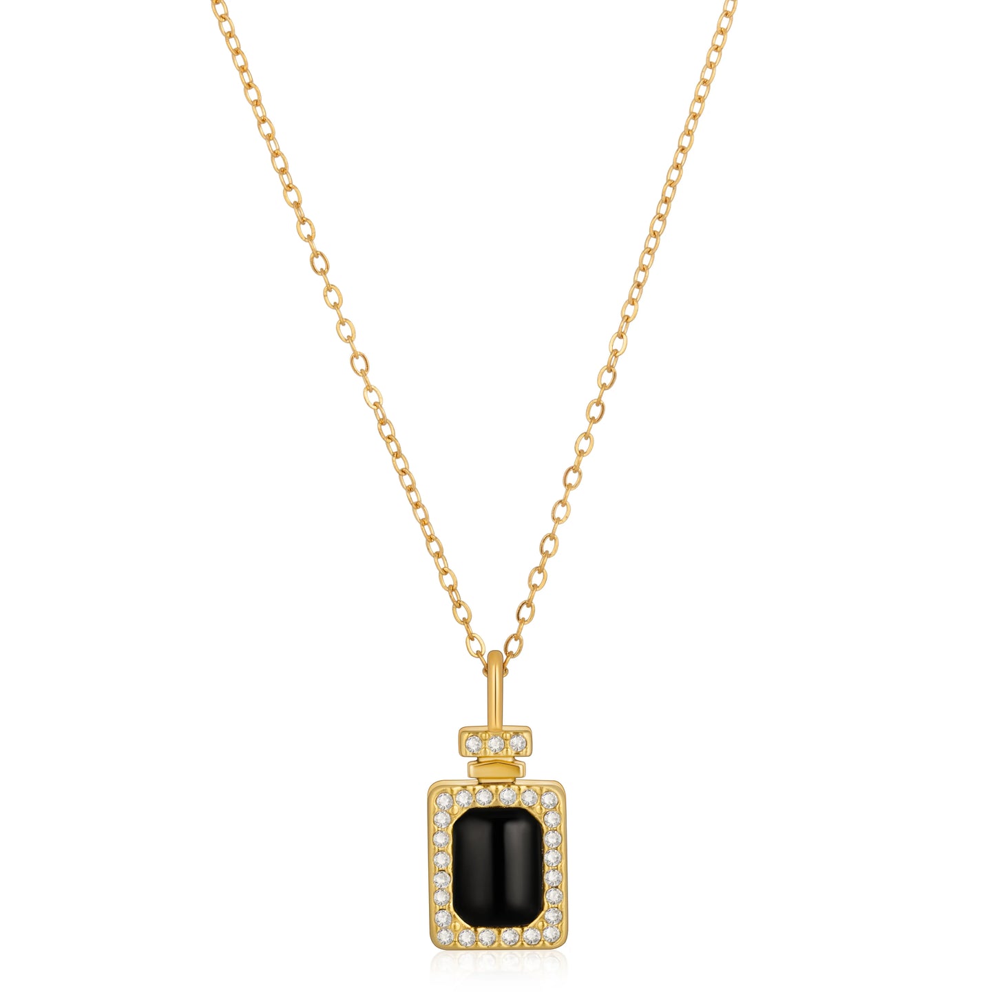 Ajatine gold square pendant necklace with black stone and cubic zircon