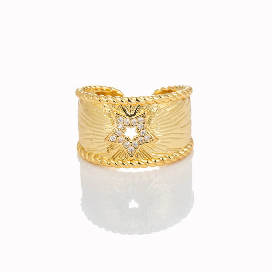 Ajatine gold open ring with star zircon vintage statement jewelry.