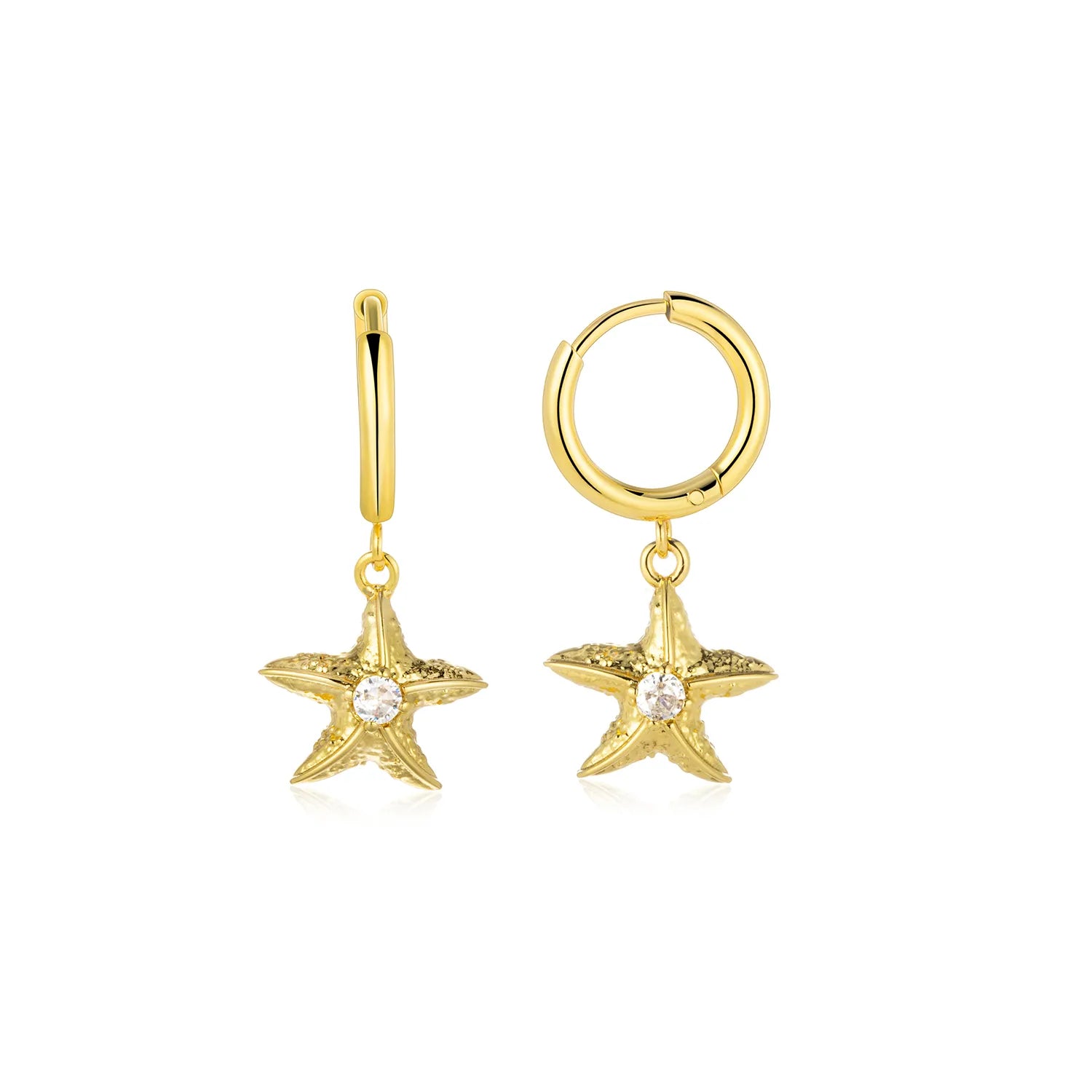 Ajatine gold starfish dangle hoop earrings with sparkling accent for summer beach style