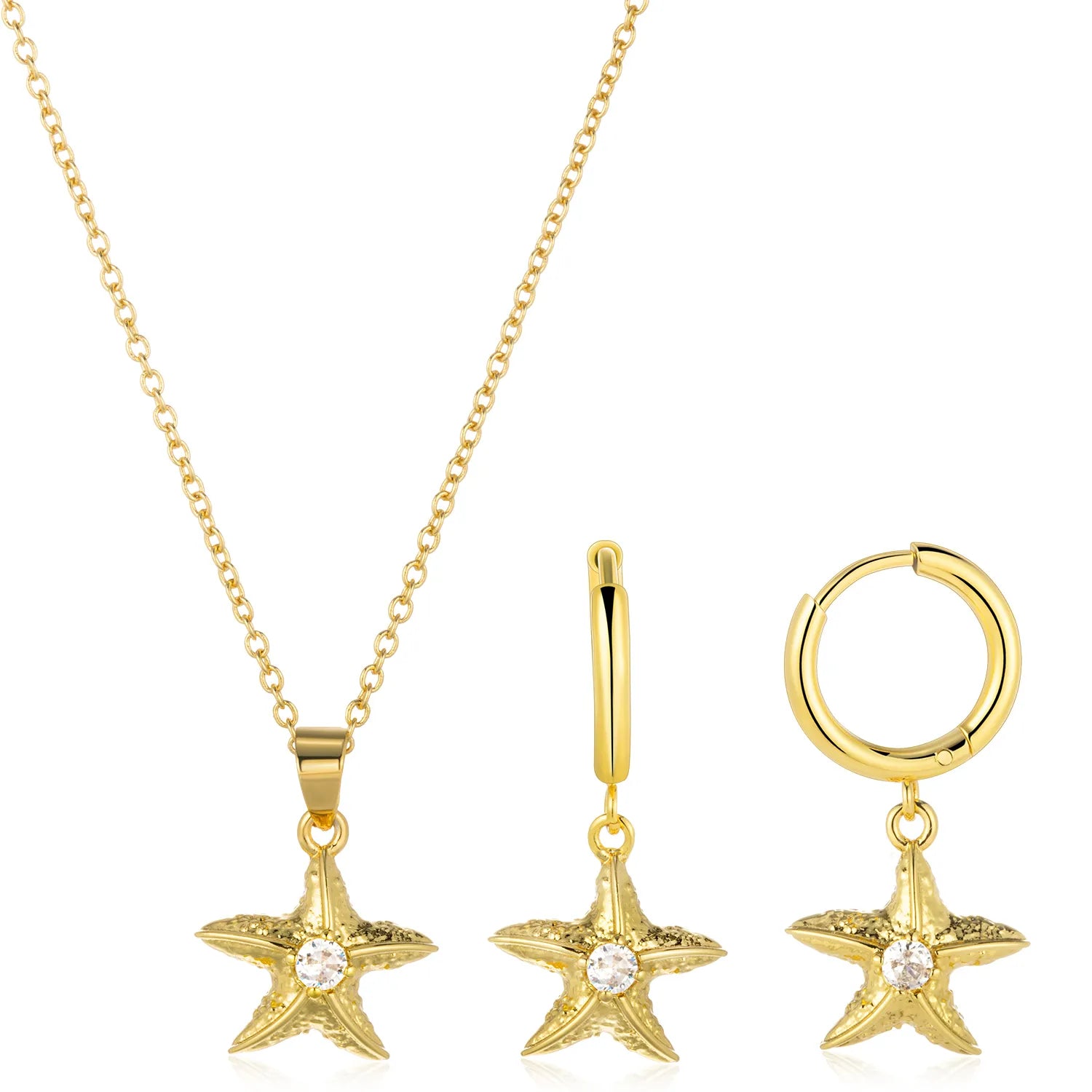 Ajatine gold starfish jewelry set - matching starfish necklace and dangle earrings with sparkling accent for summer beach style