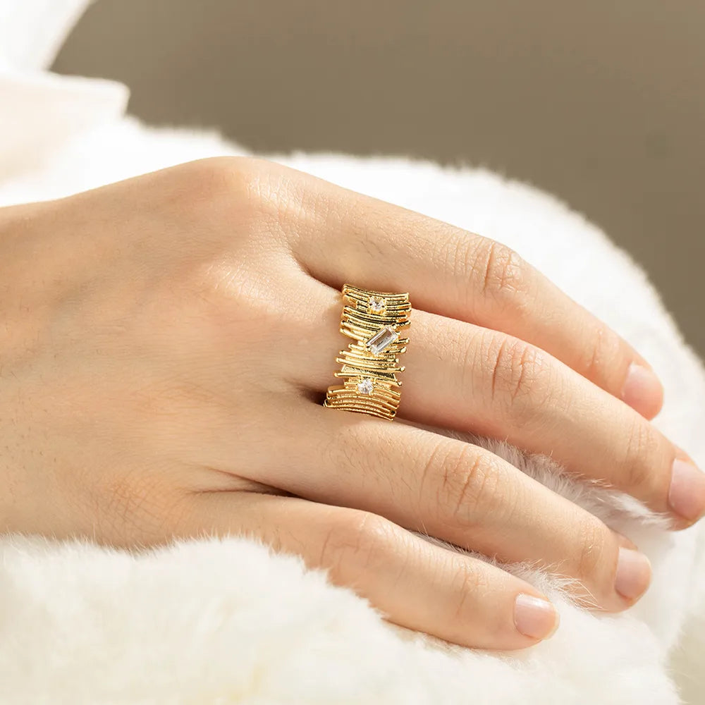Ajatine gold adjustable open ring with pave set stones, elegant stackable jewelry for women
