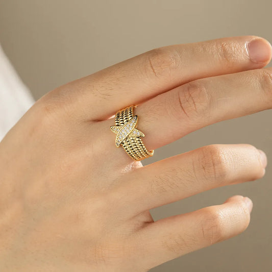 Ajatine gold adjustable open ring with pave set stones, elegant stackable jewelry for women