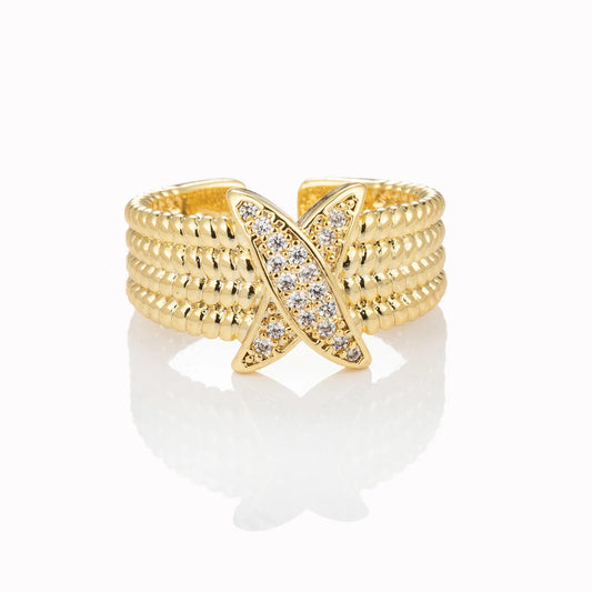 Ajatine gold adjustable open ring with pave set stones, elegant stackable jewelry for women