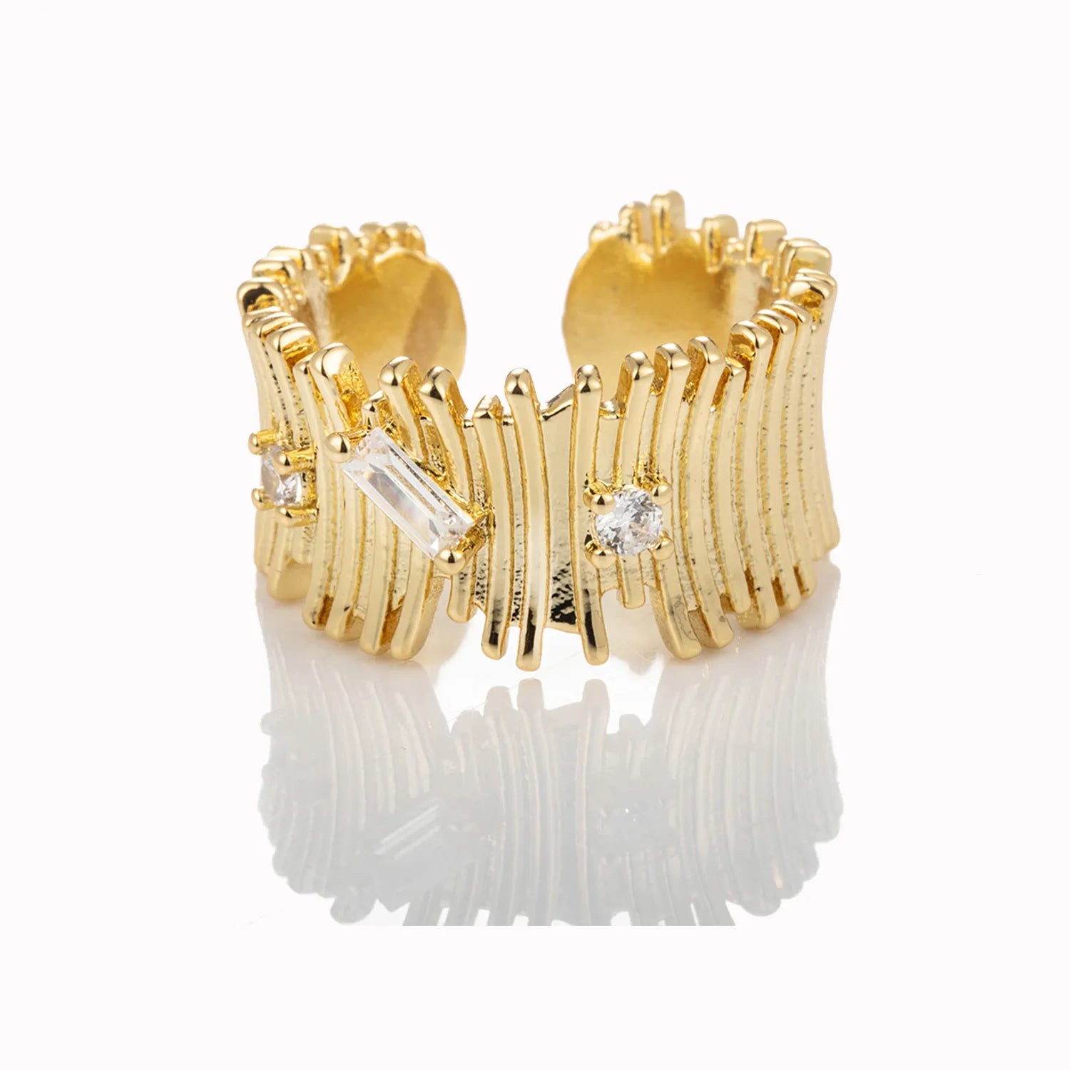 Ajatine gold adjustable open ring with pave set stones, elegant stackable jewelry for women