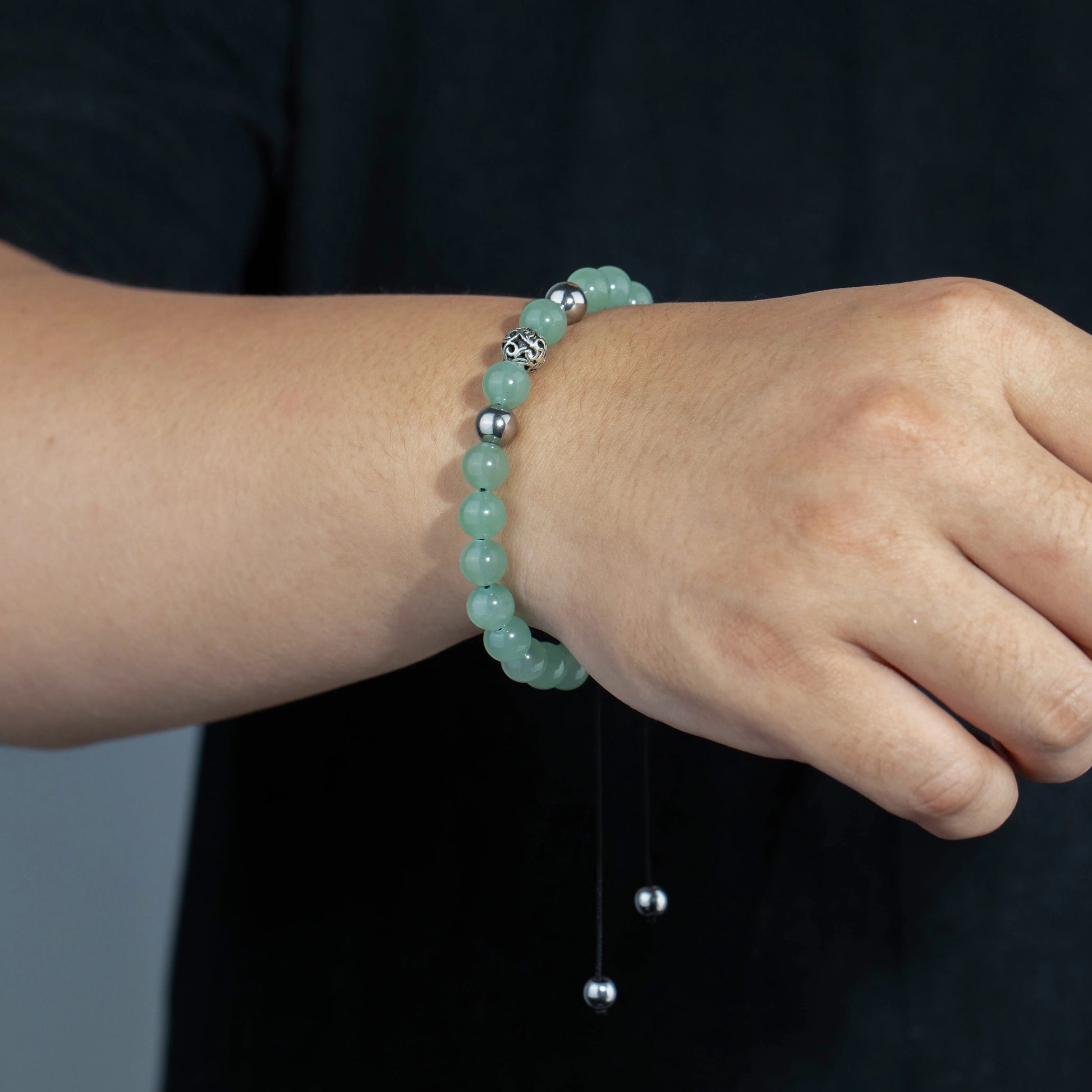 Ajatine green stone beaded bracelet, adjustable boho jewelry