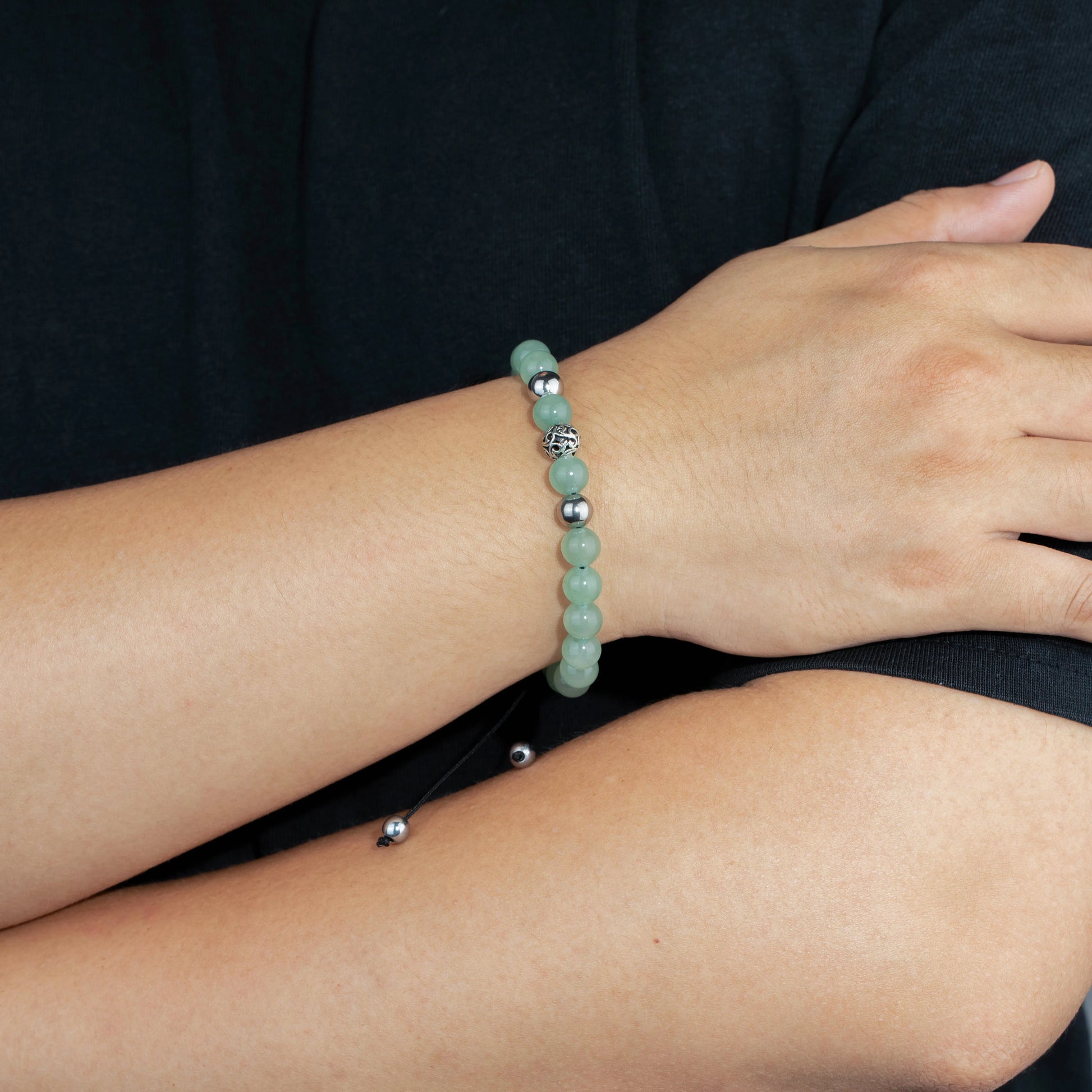 Ajatine green stone beaded bracelet, adjustable boho jewelry