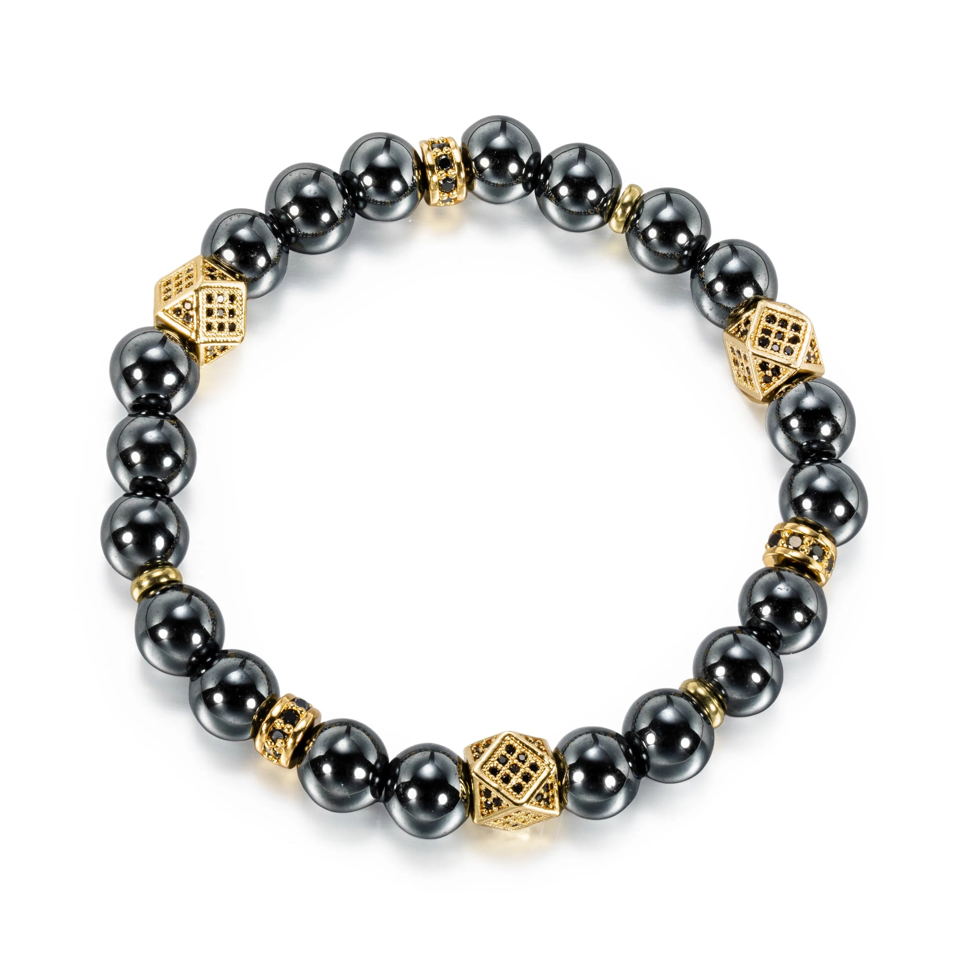Ajatine gun black natural stone beaded bracelet with gold accents