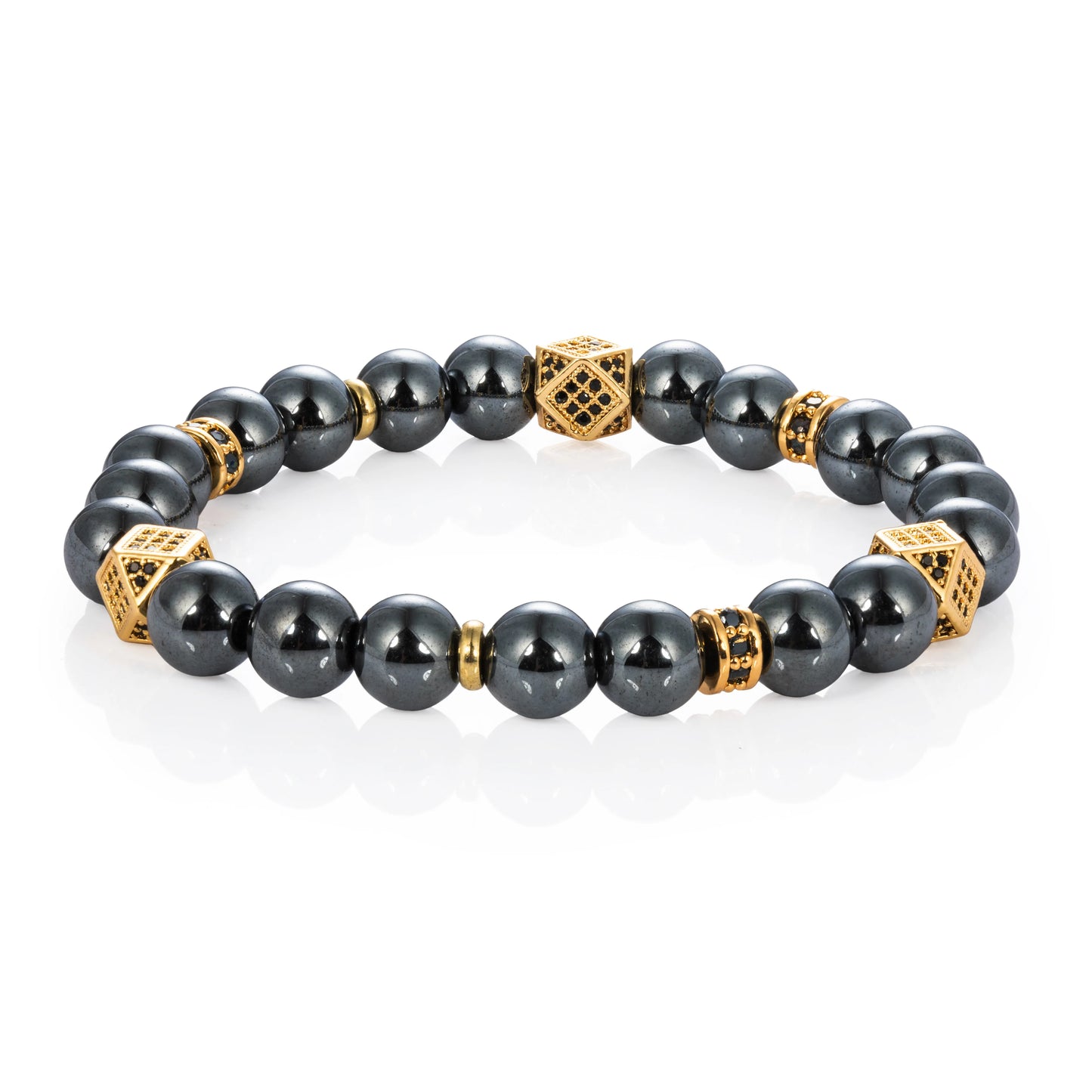 Ajatine gun black natural stone beaded bracelet with gold accents