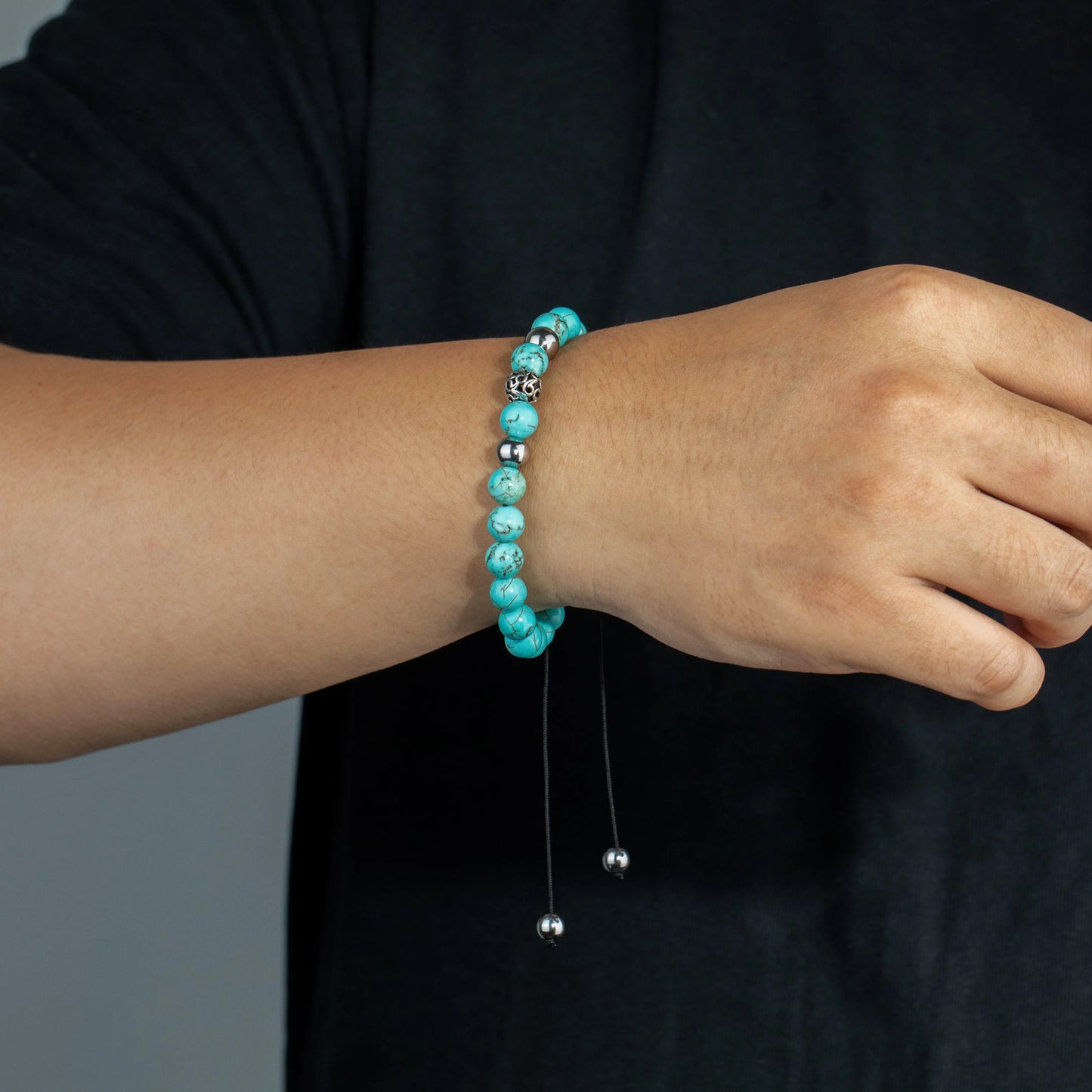 Ajatine light blue stone beaded bracelet, adjustable boho jewelry