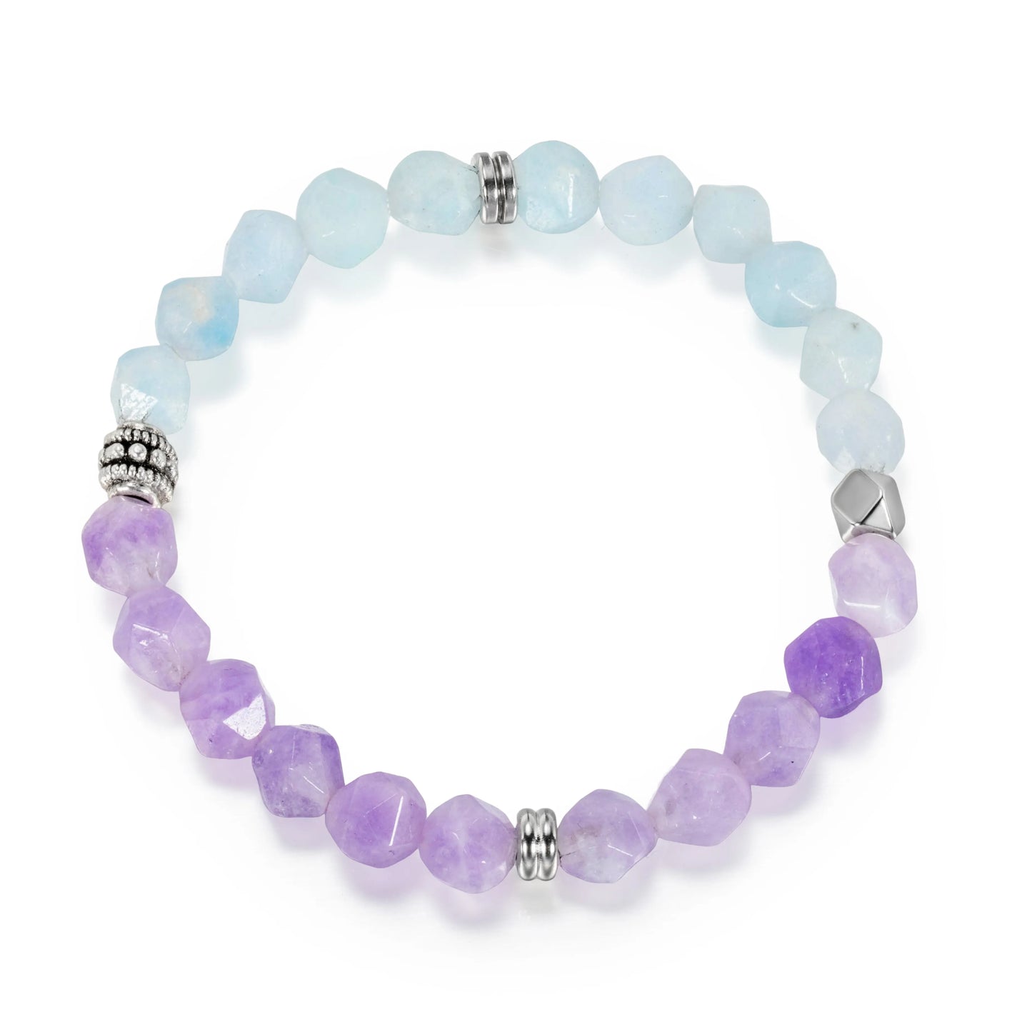 Ajatine light blue and purple natural stone beaded stretch bracelet