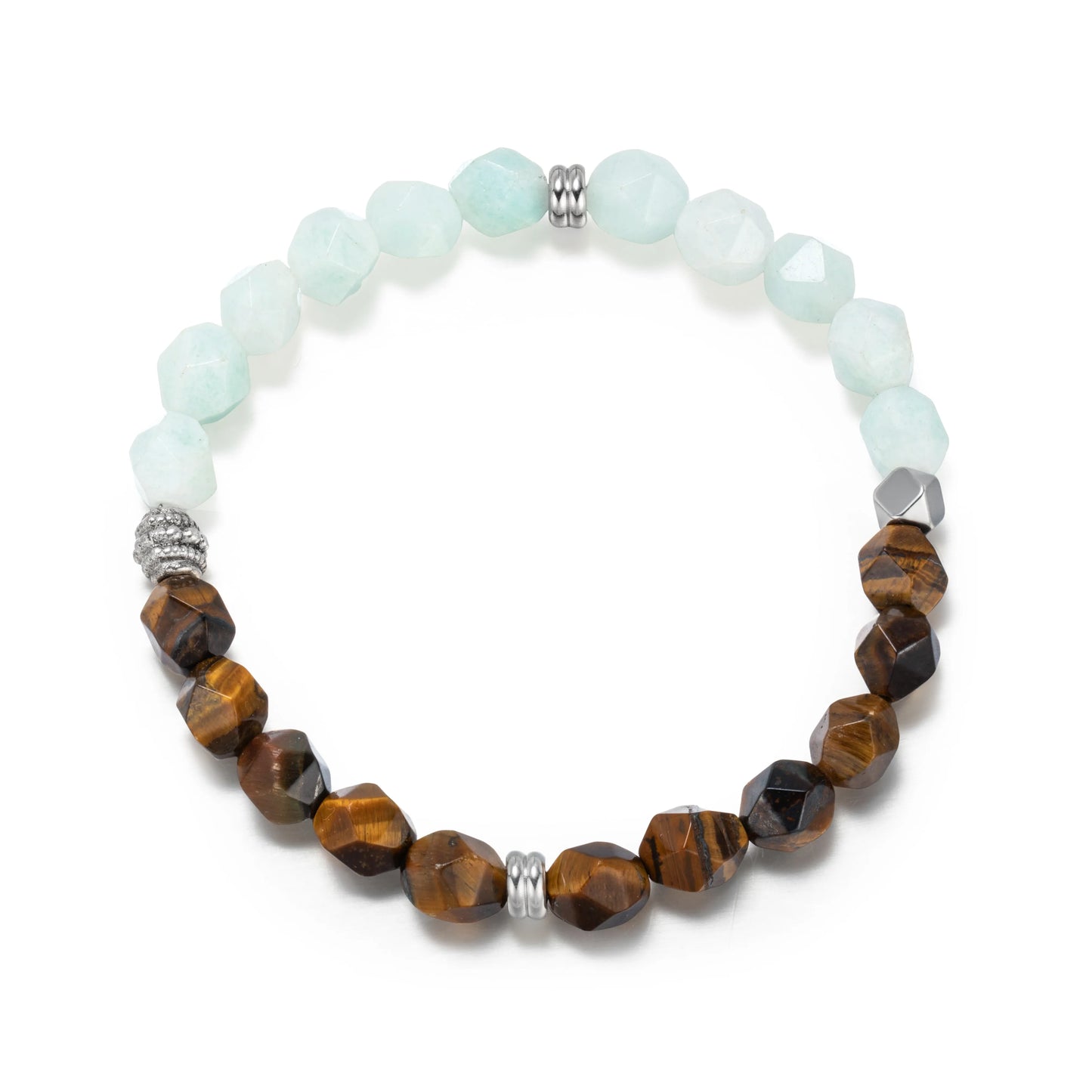 Ajatine light blue and tiger eye natural stone beaded stretch bracelet