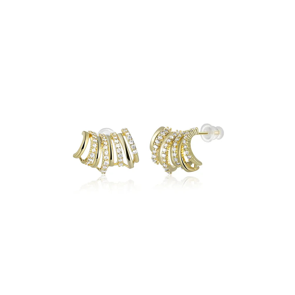Ajatine gold multi-row cubic zirconia statement earrings, chic and glamorous layered design for women’s fashion jewelry