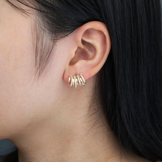 Ajatine gold multi-row cubic zirconia statement earrings, chic and glamorous layered design for women’s fashion jewelry