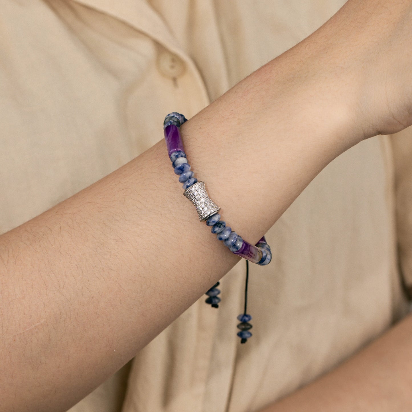 Ajatine blue - purple natural stone beaded bracelet with crystal accent, adjustable handmade jewelry
