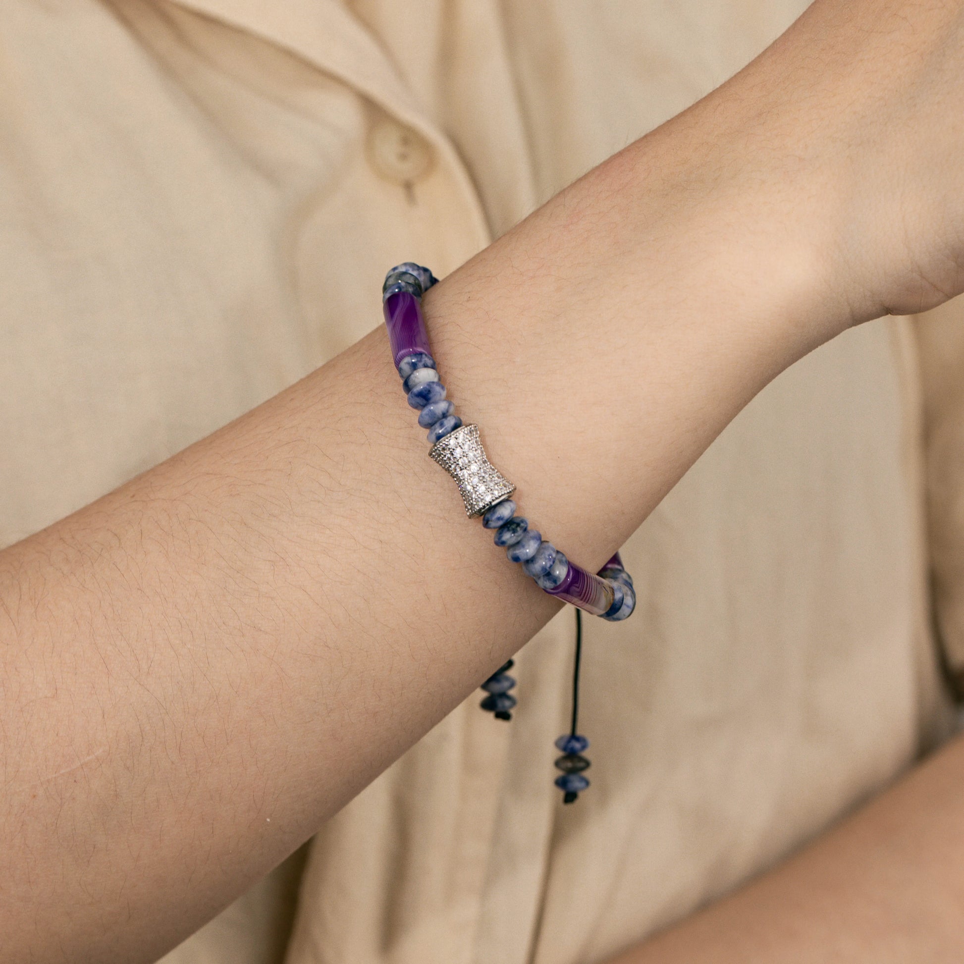 Ajatine blue - purple natural stone beaded bracelet with crystal accent, adjustable handmade jewelry