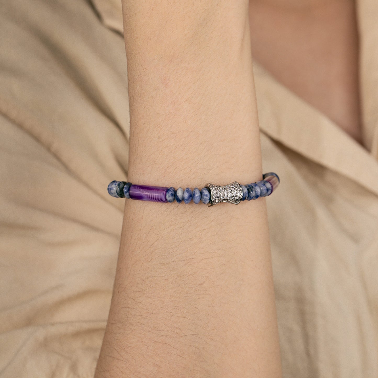 Ajatine blue - purple natural stone beaded bracelet with crystal accent, adjustable handmade jewelry