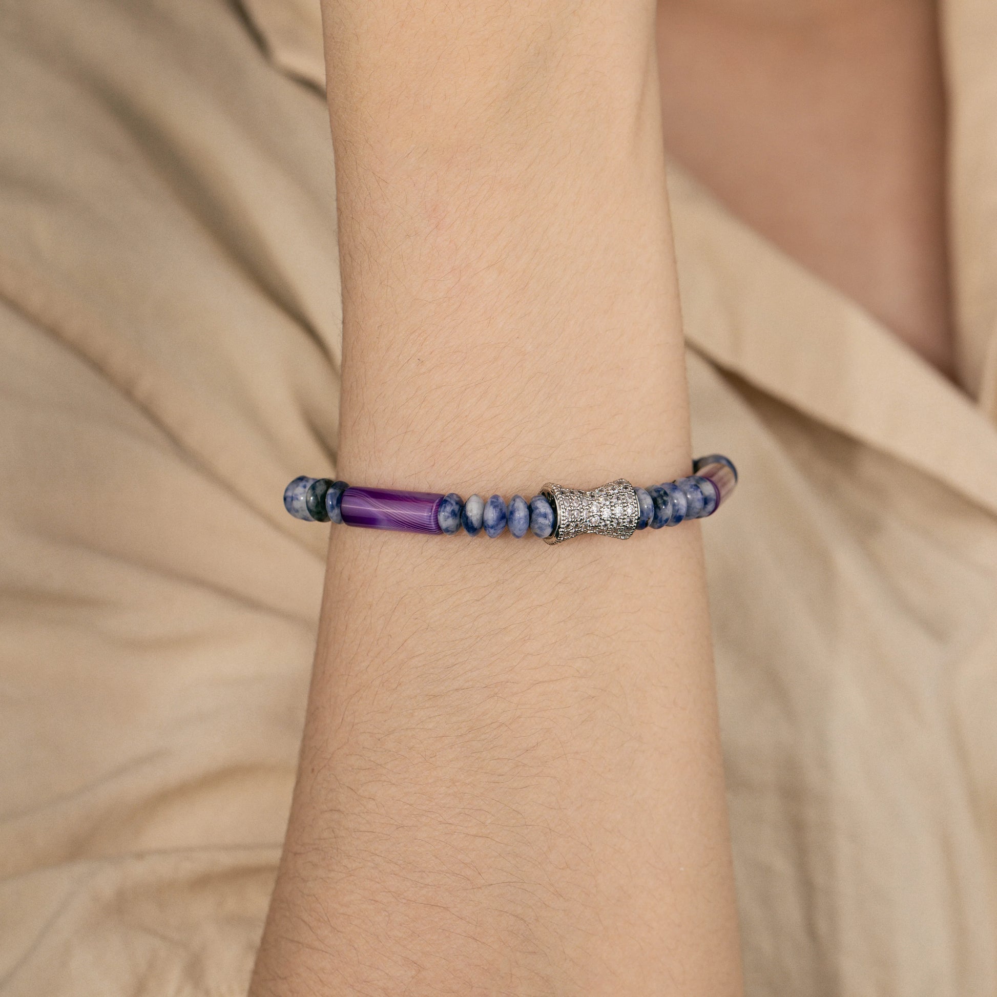 Ajatine blue - purple natural stone beaded bracelet with crystal accent, adjustable handmade jewelry