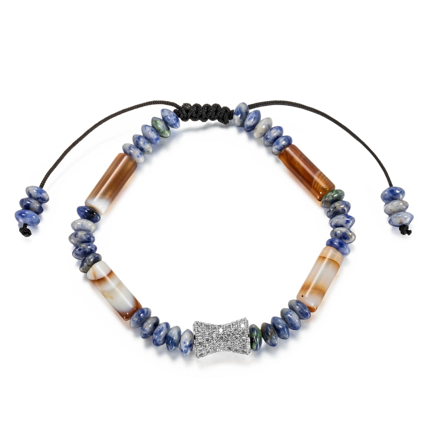 Ajatine brown - blue natural stone beaded bracelet with crystal accent, adjustable handmade jewelry