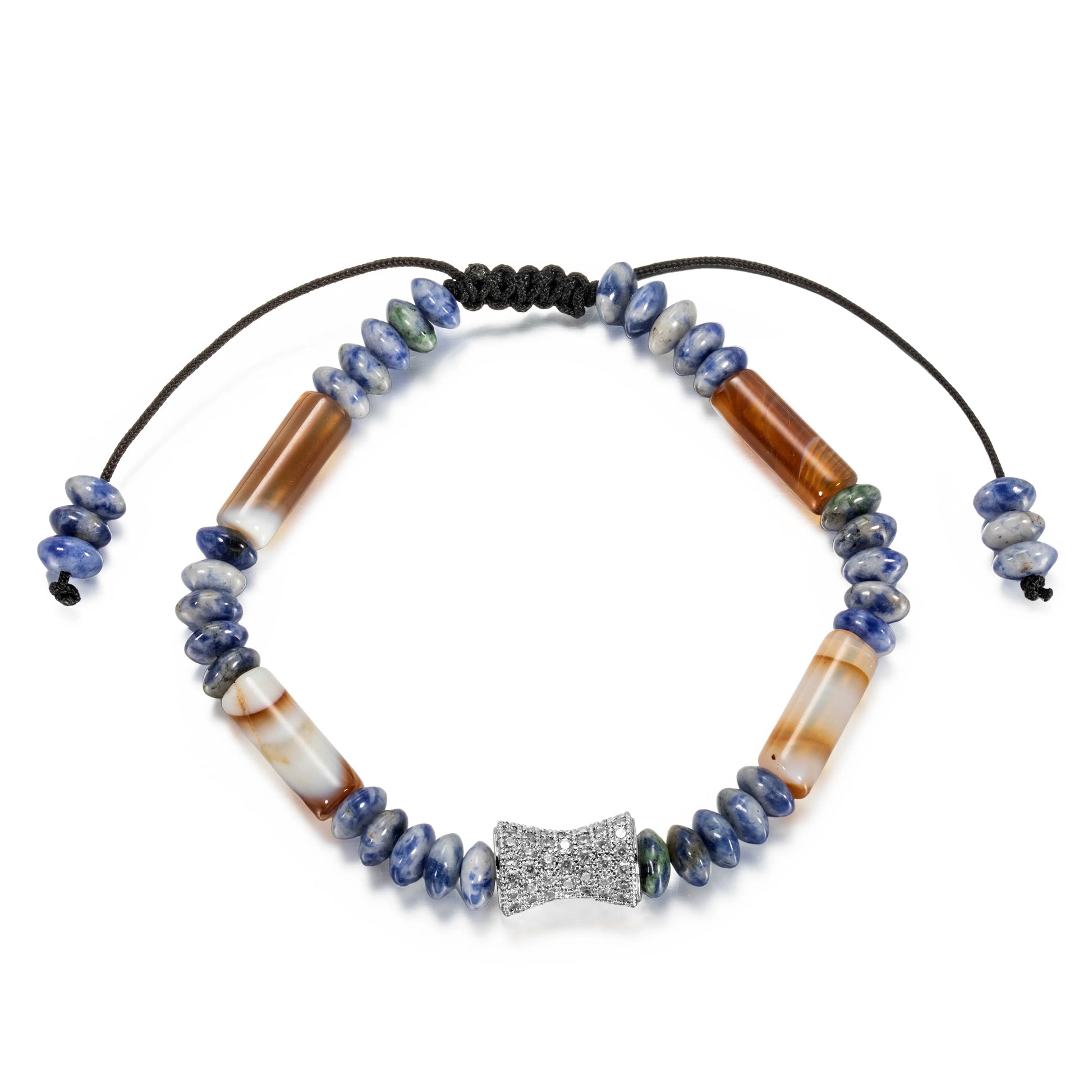 Ajatine brown - blue natural stone beaded bracelet with crystal accent, adjustable handmade jewelry