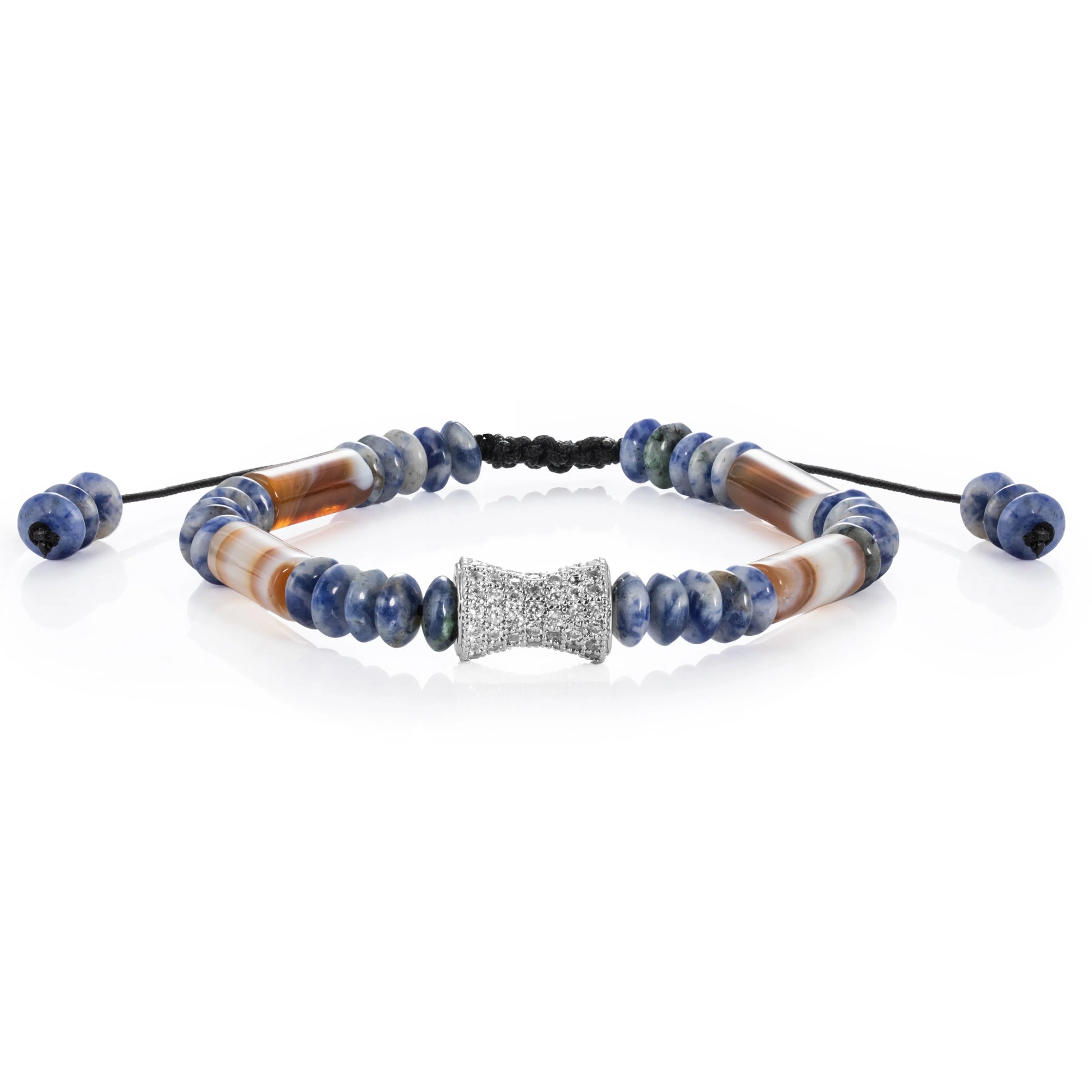 Ajatine brown - blue natural stone beaded bracelet with crystal accent, adjustable handmade jewelry