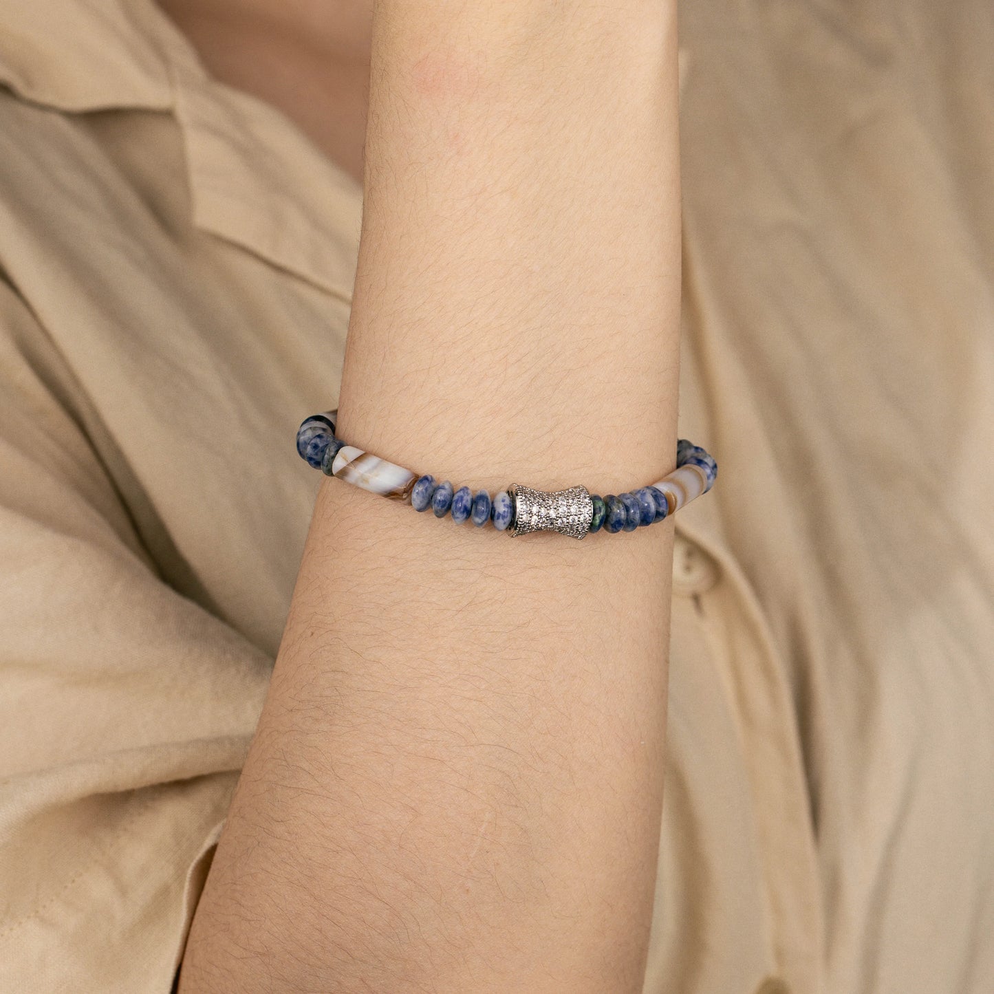 Ajatine brown - blue natural stone beaded bracelet with crystal accent, adjustable handmade jewelry