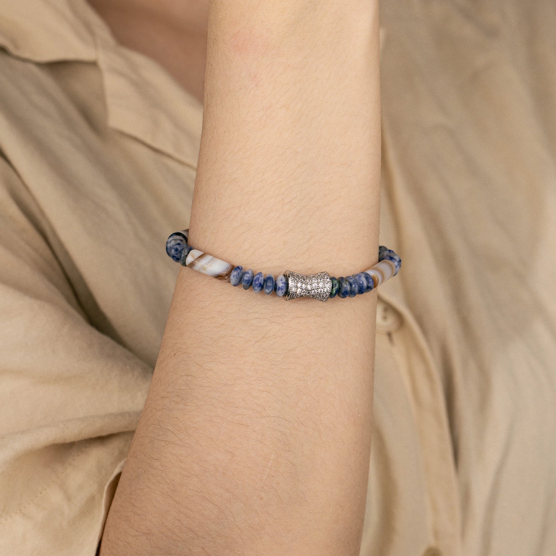 Ajatine brown - blue natural stone beaded bracelet with crystal accent, adjustable handmade jewelry
