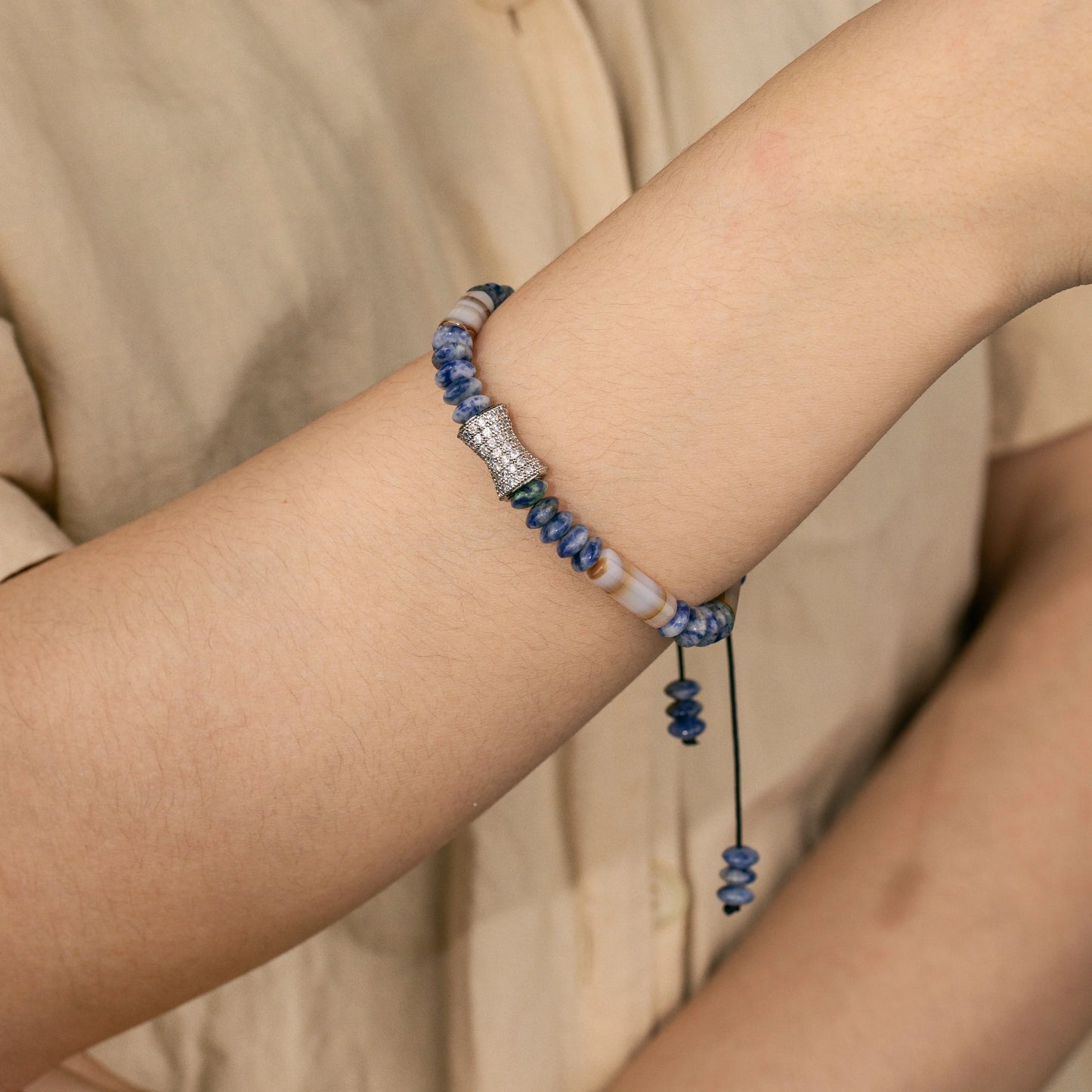 Ajatine brown - blue natural stone beaded bracelet with crystal accent, adjustable handmade jewelry