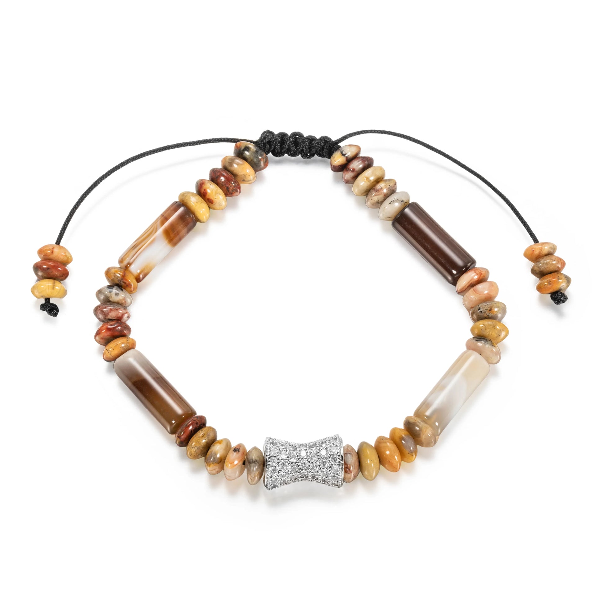 Ajatine brown - yellow natural stone beaded bracelet with crystal accent, adjustable handmade jewelry