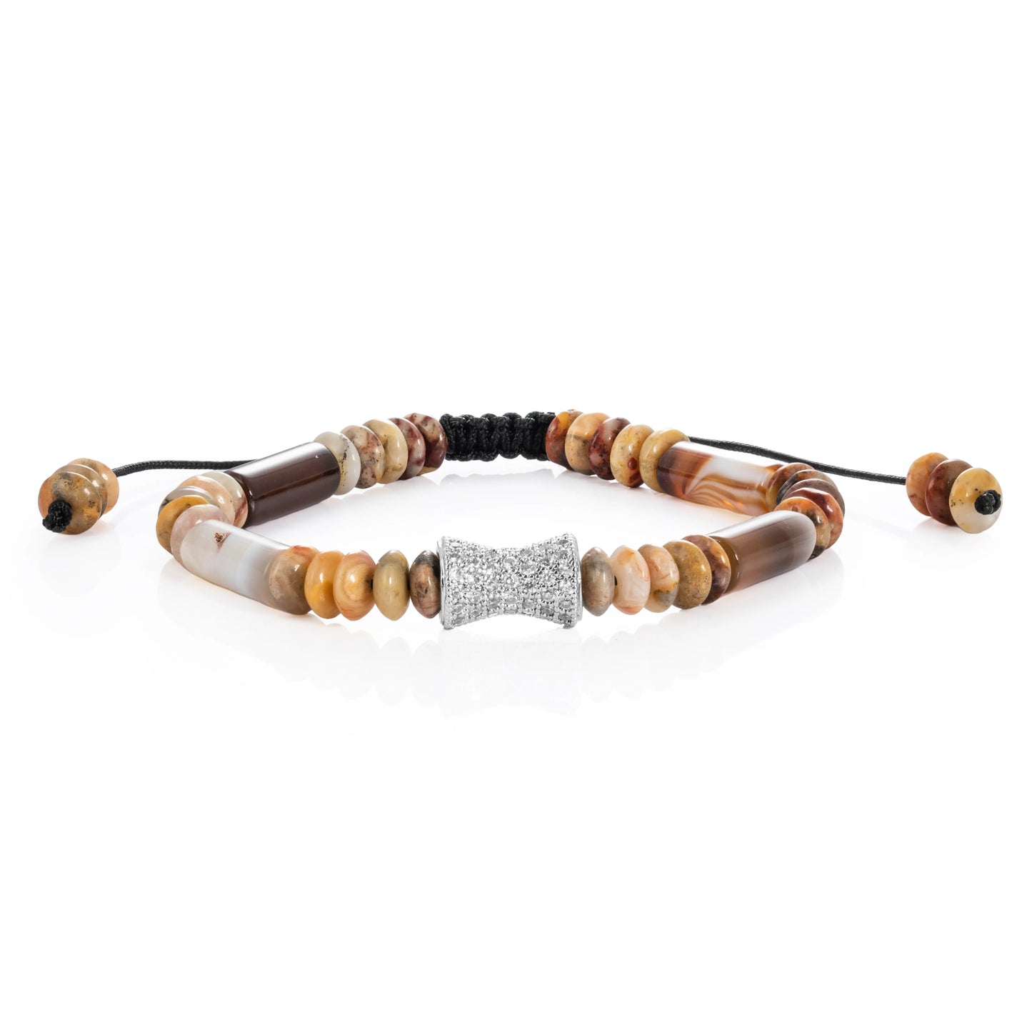 Ajatine brown - yellow natural stone beaded bracelet with crystal accent, adjustable handmade jewelry