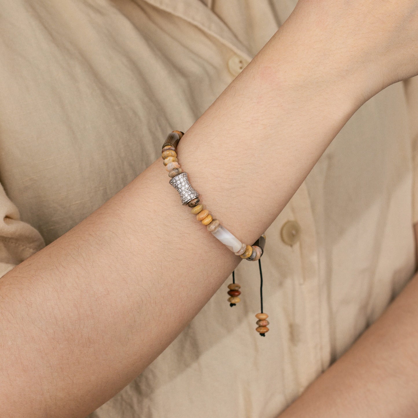 Ajatine brown - yellow natural stone beaded bracelet with crystal accent, adjustable handmade jewelry