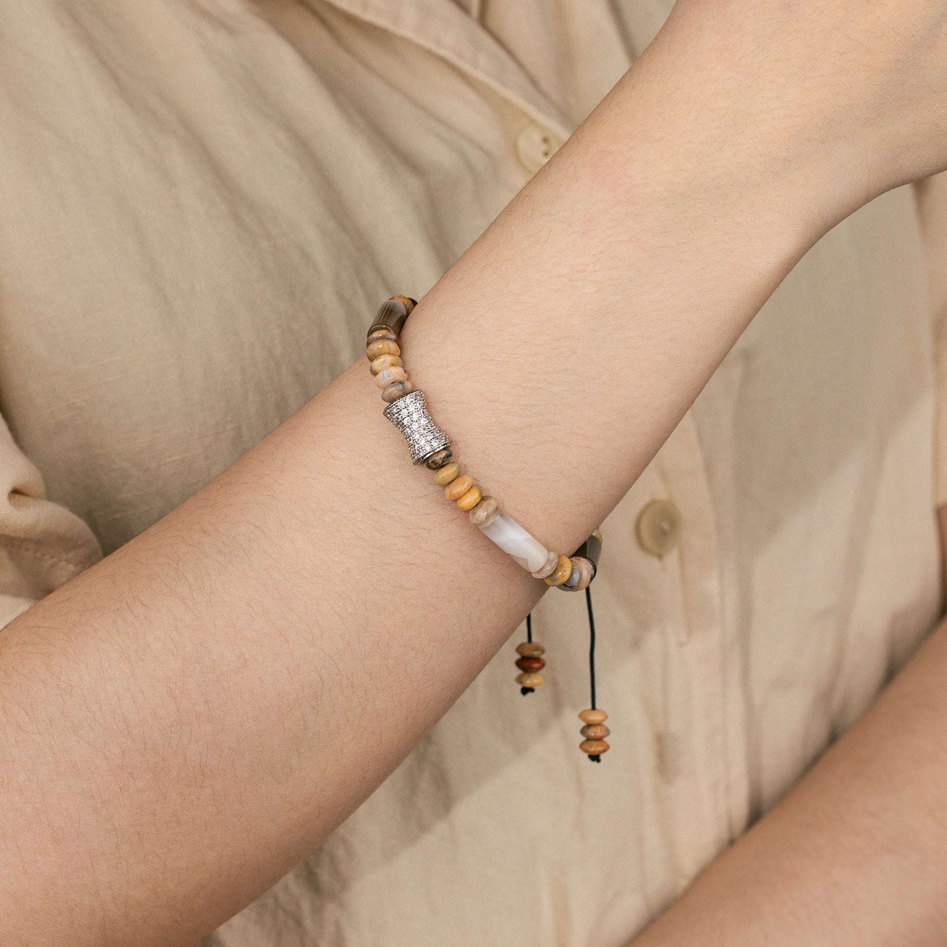 Ajatine brown - yellow natural stone beaded bracelet with crystal accent, adjustable handmade jewelry