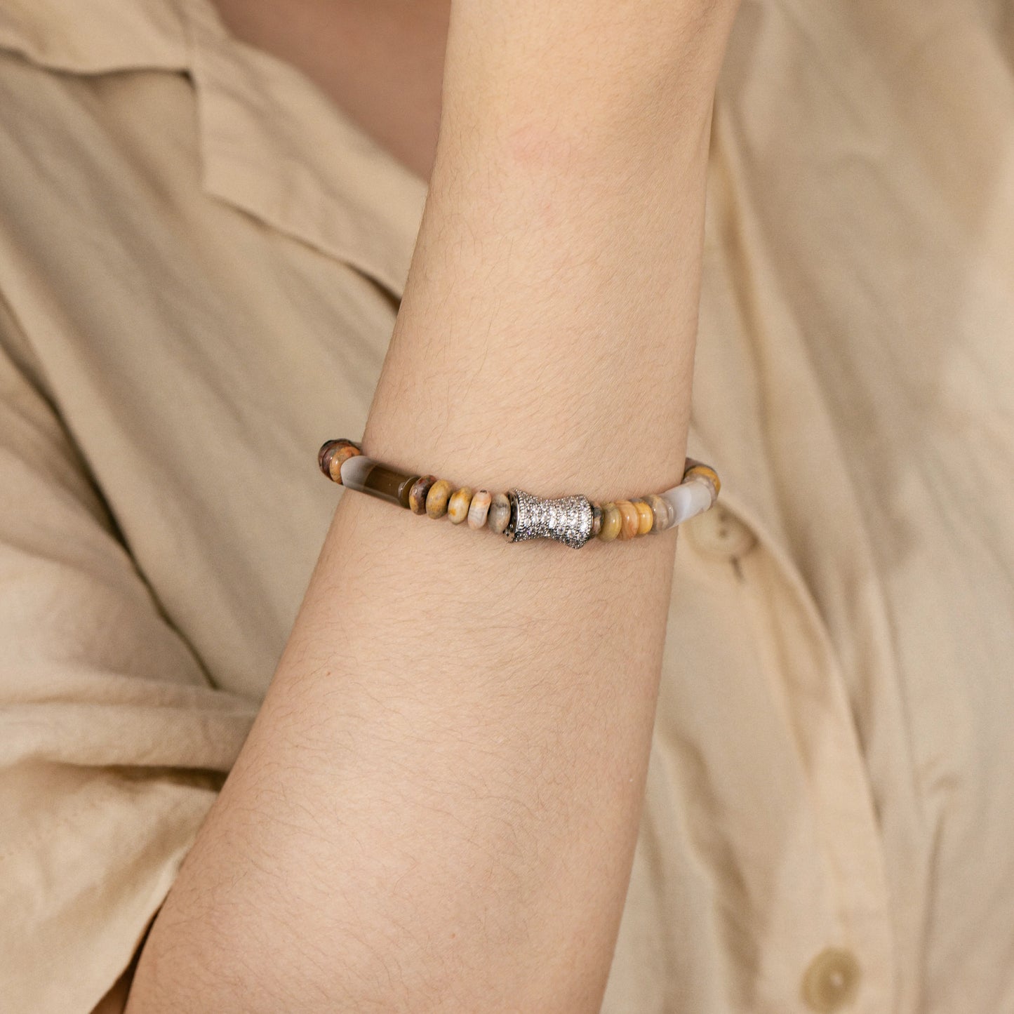 Ajatine brown - yellow natural stone beaded bracelet with crystal accent, adjustable handmade jewelry