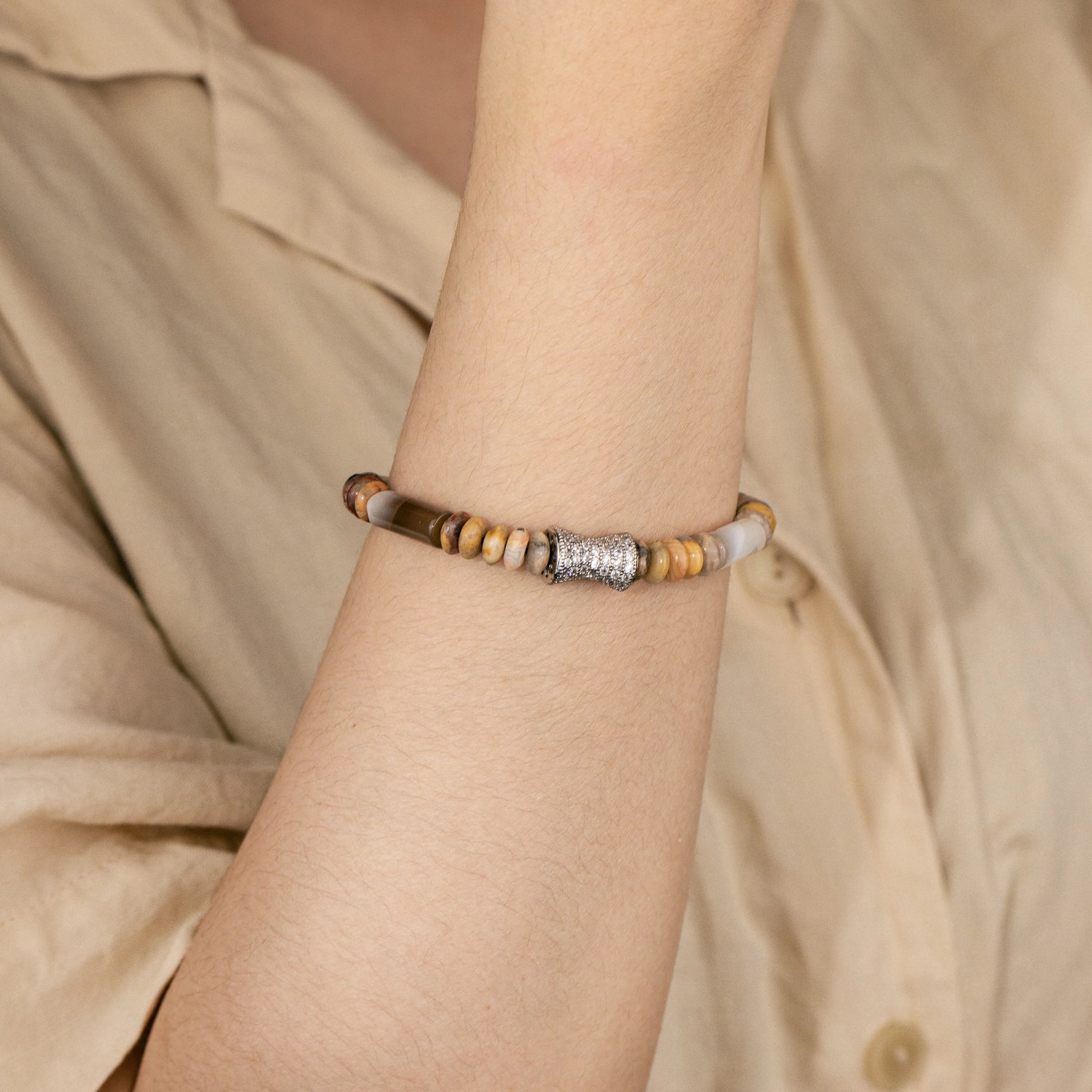 Ajatine brown - yellow natural stone beaded bracelet with crystal accent, adjustable handmade jewelry