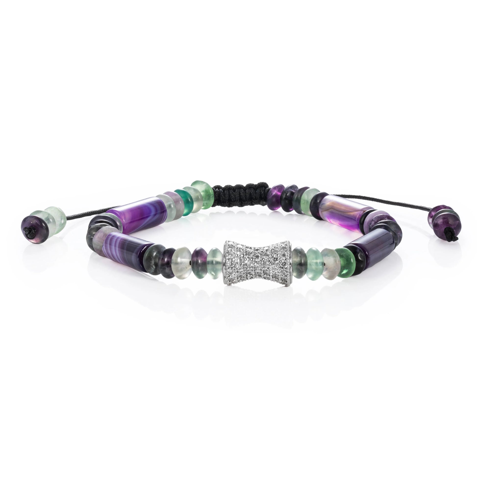 Ajatine purple - green natural stone beaded bracelet with crystal accent, adjustable handmade jewelry