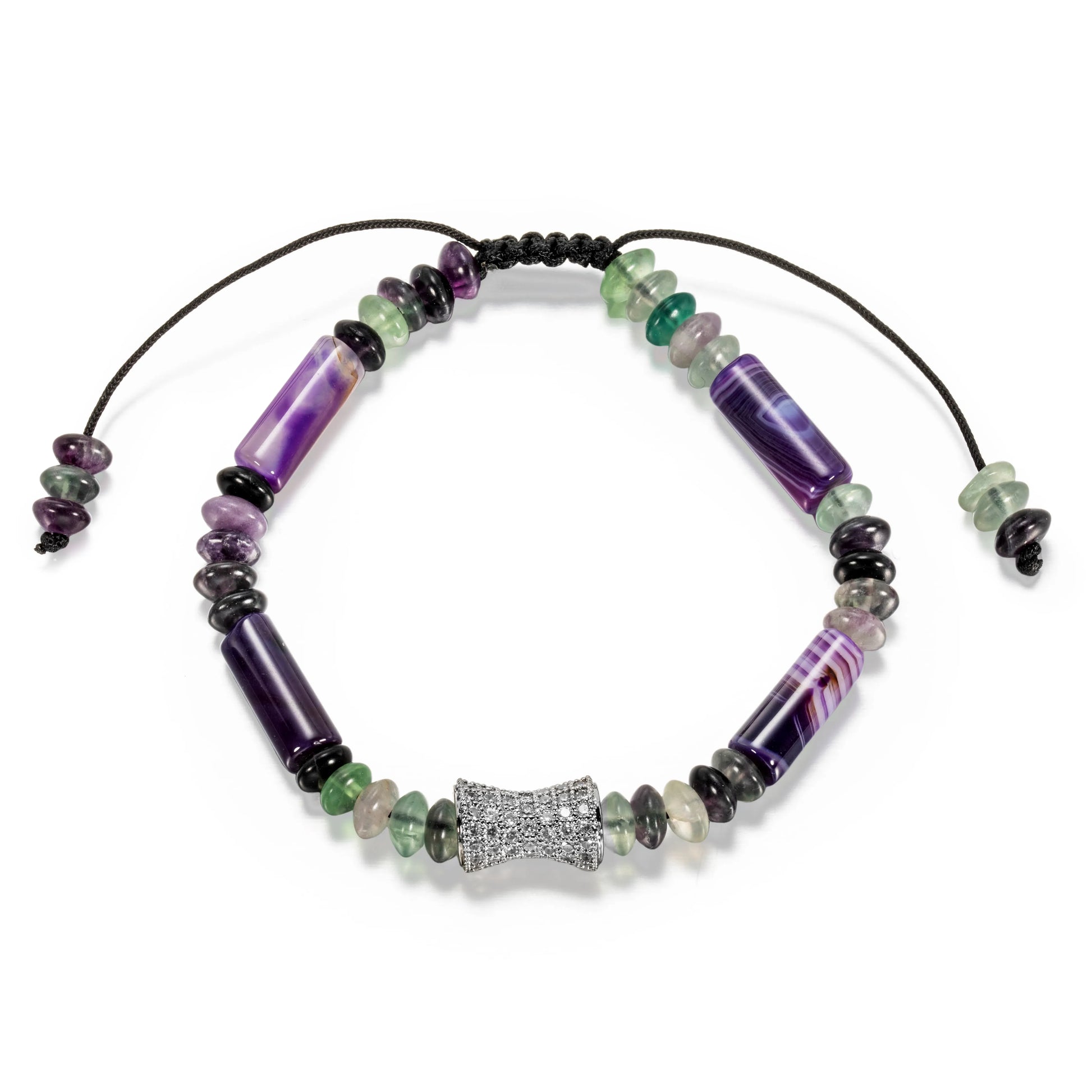 Ajatine purple - green natural stone beaded bracelet with crystal accent, adjustable handmade jewelry
