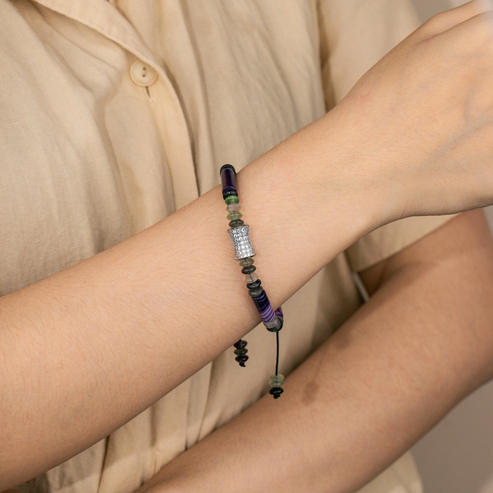 Ajatine purple - green natural stone beaded bracelet with crystal accent, adjustable handmade jewelry