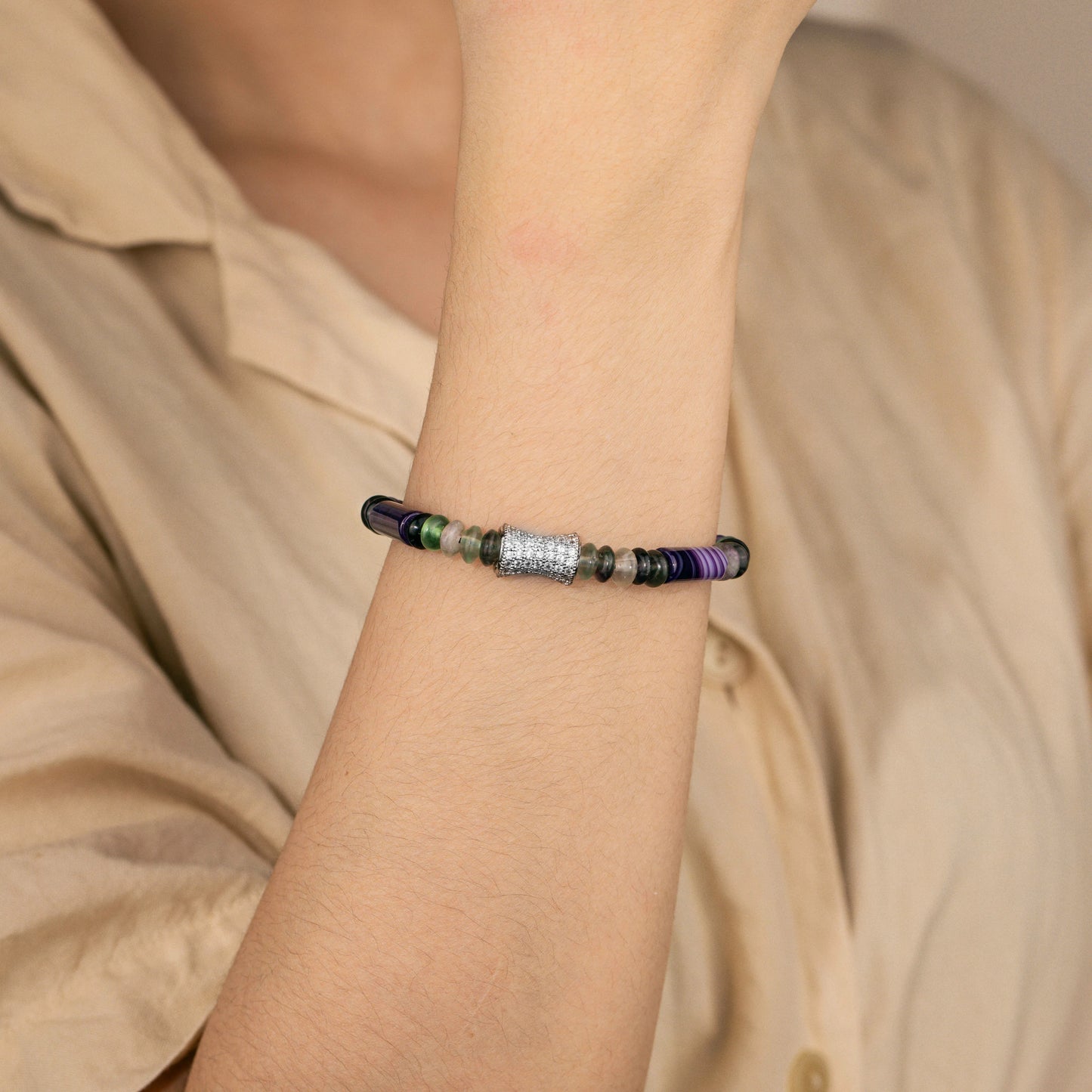 Ajatine purple - green natural stone beaded bracelet with crystal accent, adjustable handmade jewelry