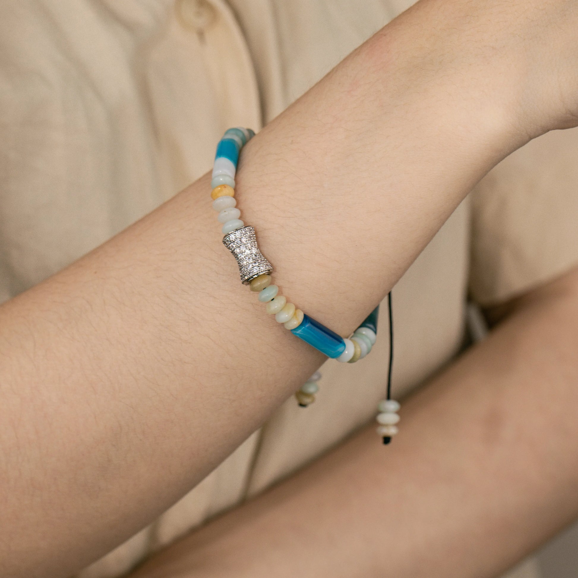 Ajatine turquoise natural stone beaded bracelet with crystal accent, adjustable handmade jewelry