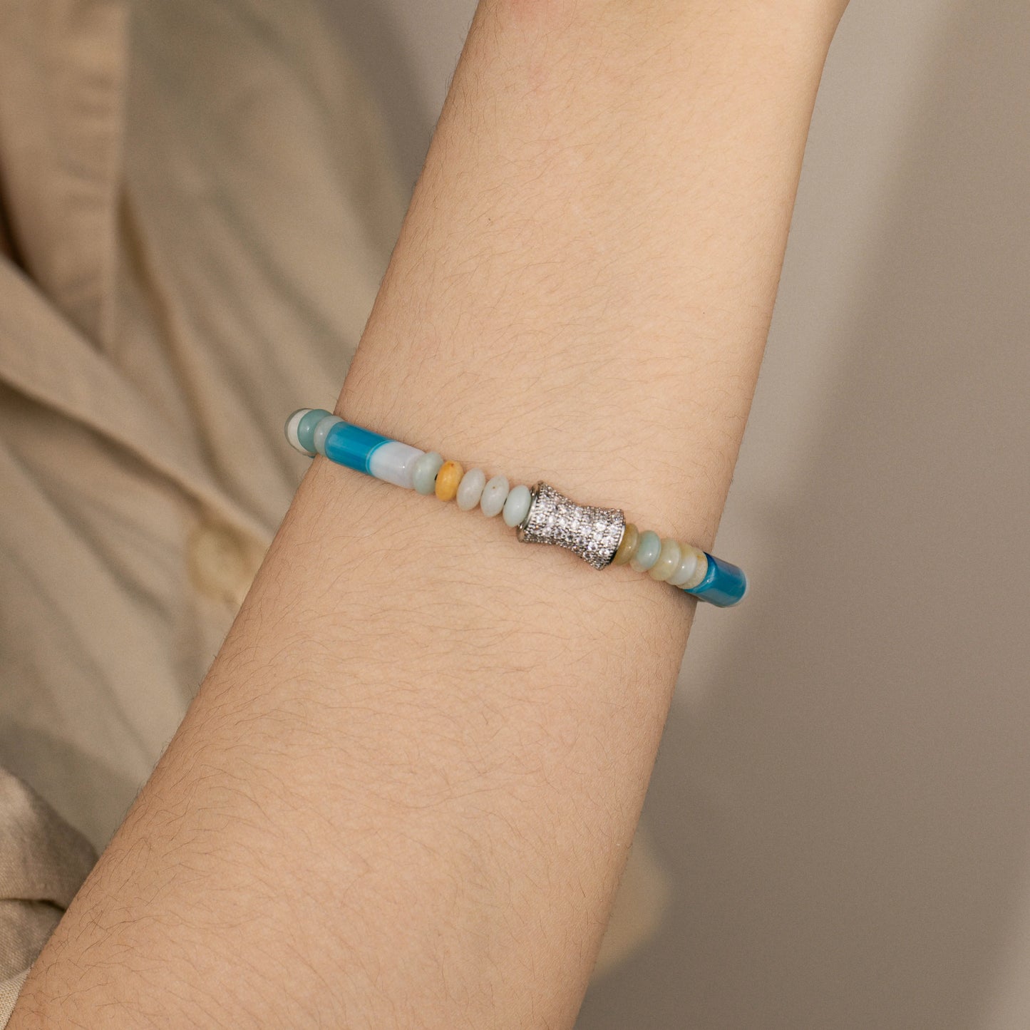 Ajatine turquoise natural stone beaded bracelet with crystal accent, adjustable handmade jewelry