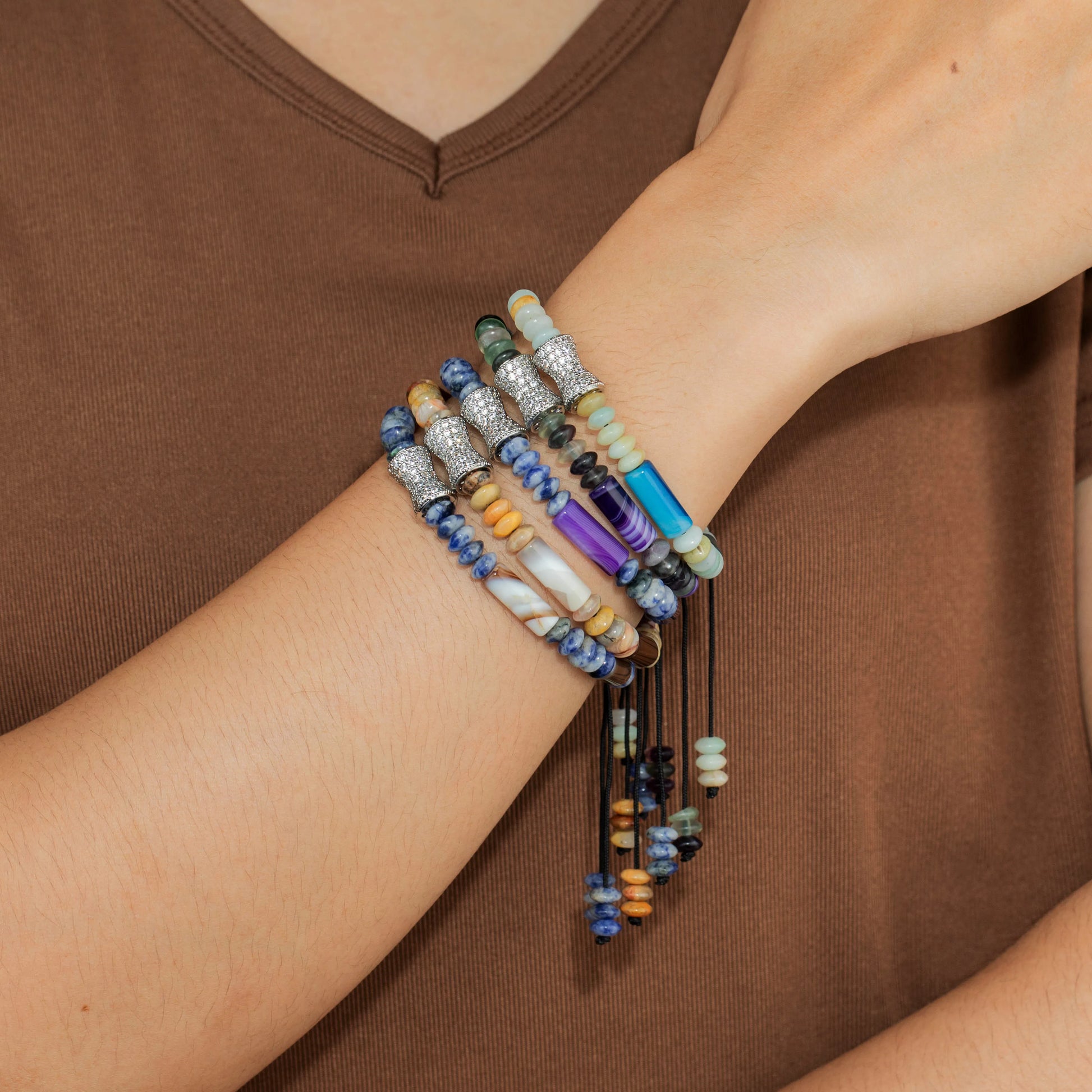 Ajatine natural stone beaded bracelet with crystal accent, adjustable handmade jewelry