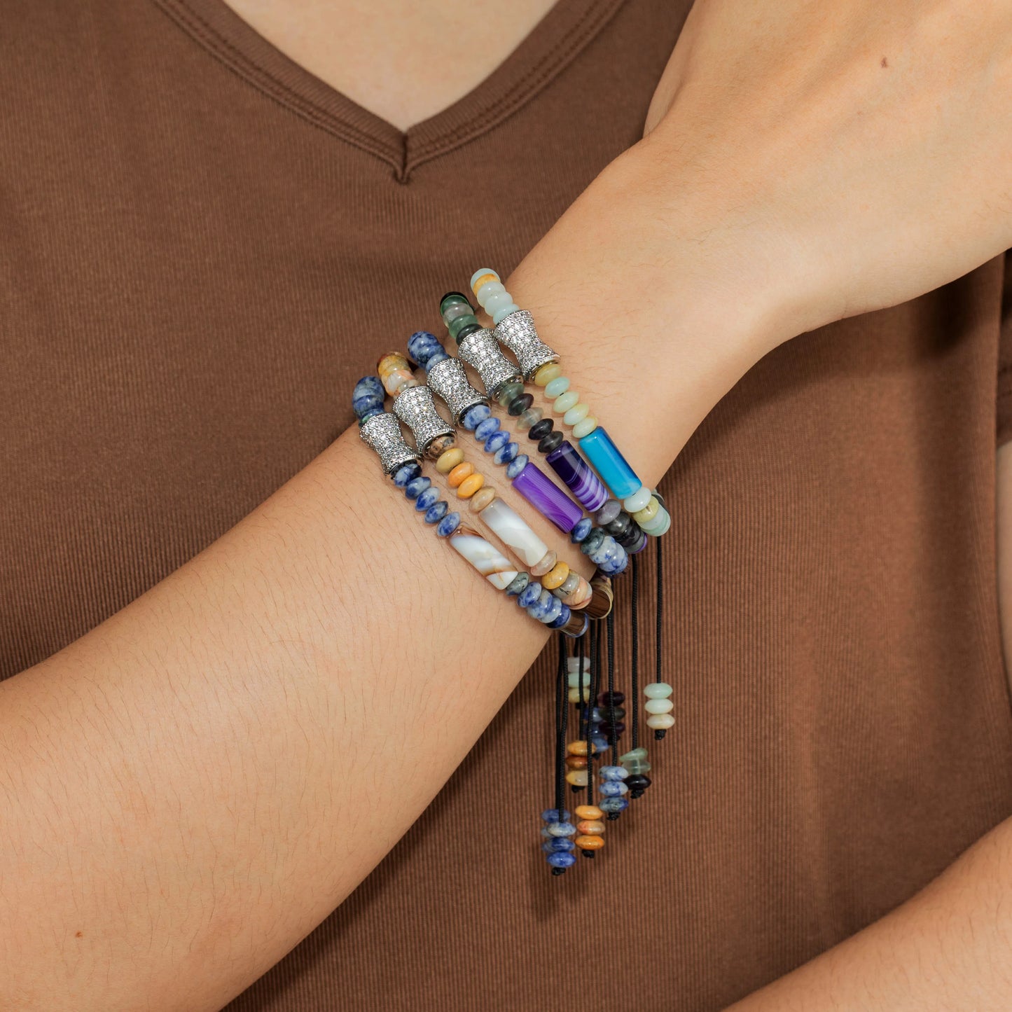 Ajatine natural stone beaded bracelet with crystal accent, adjustable handmade jewelry