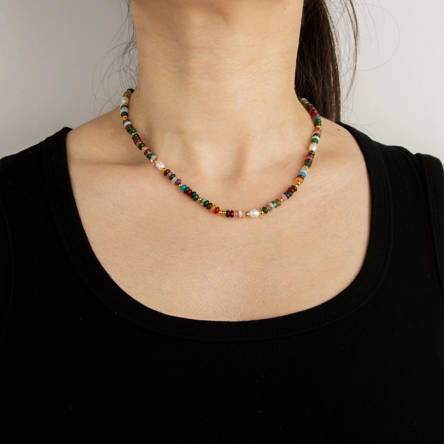 Ajatine natural stone colorful beaded necklace, multicolor stone boho statement necklace