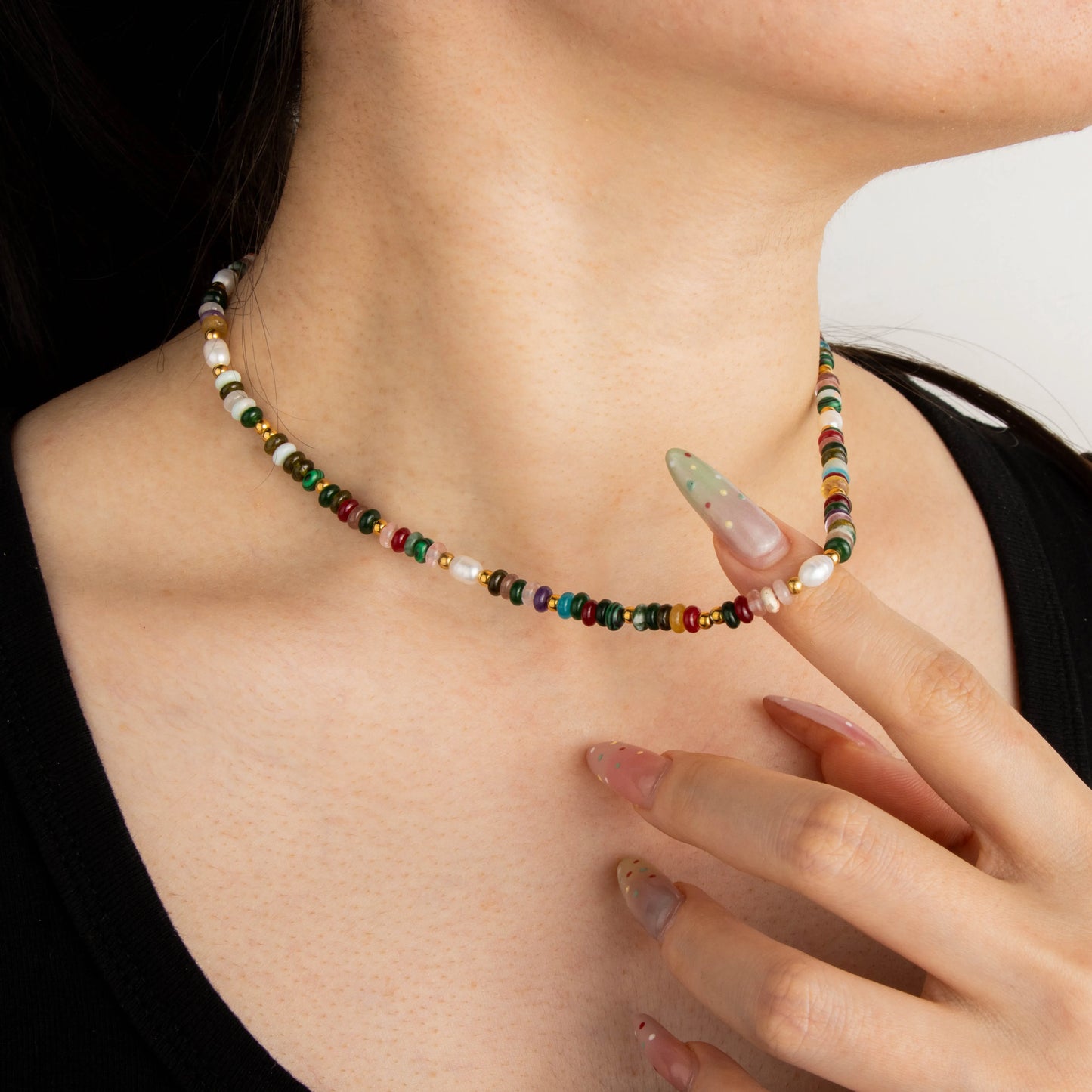 Ajatine natural stone colorful beaded necklace, multicolor stone boho statement necklace