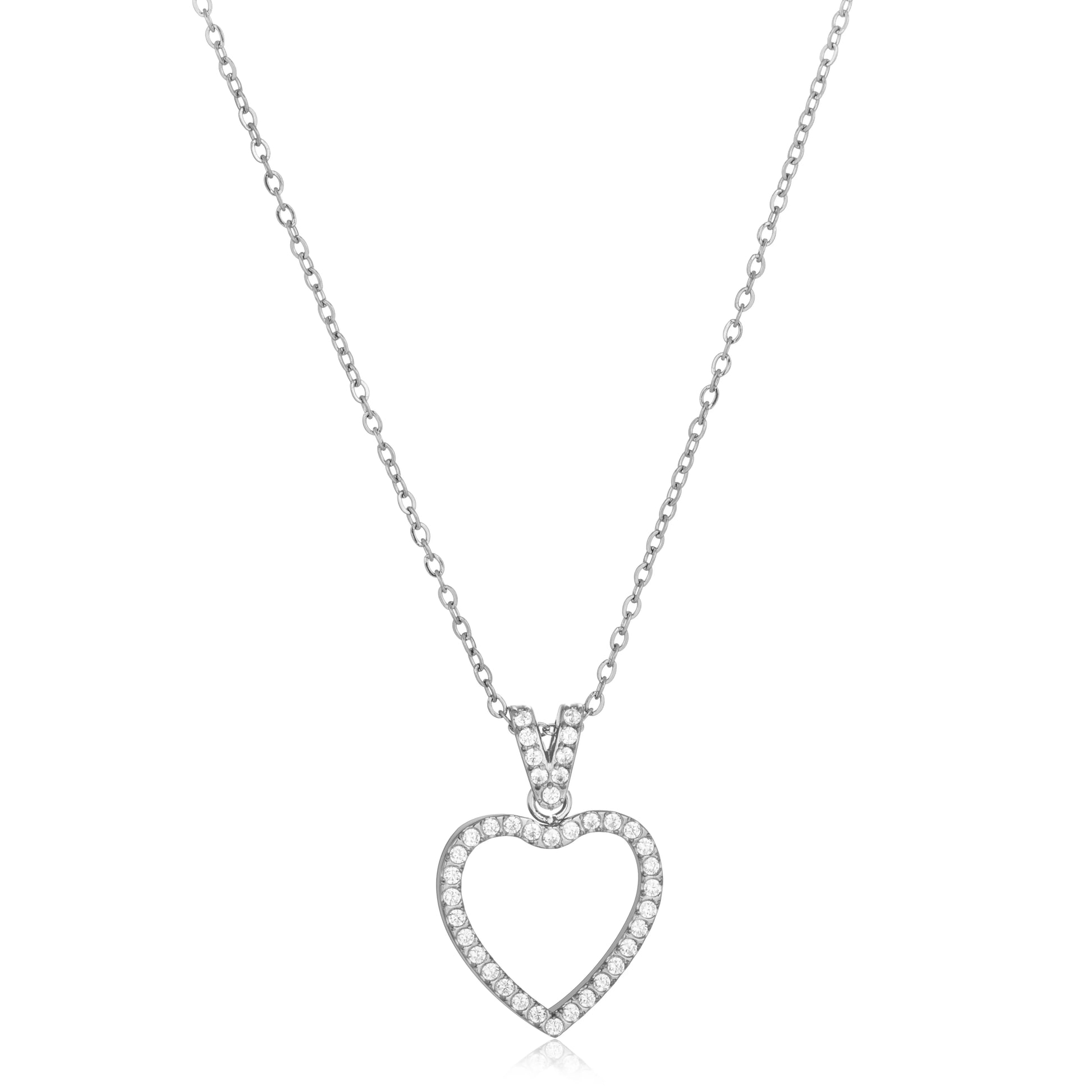 Ajatine open heart pendant necklace, silver cubic zircon open heart necklace for women