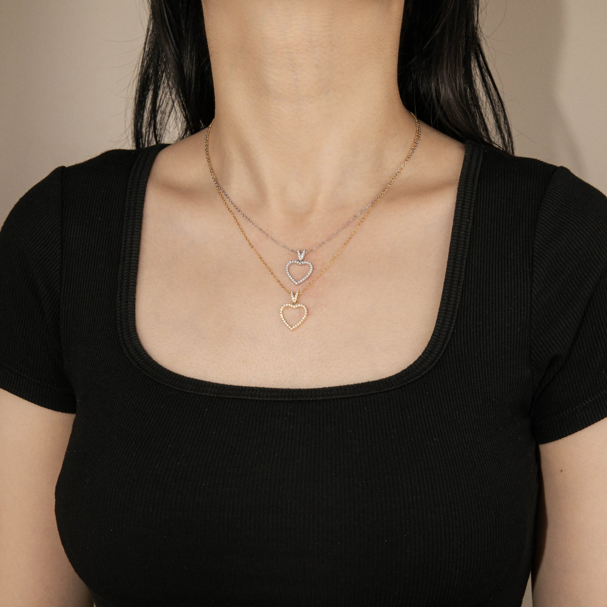 Ajatine open heart pendant necklace, silver and gold cubic zircon open heart necklace for women